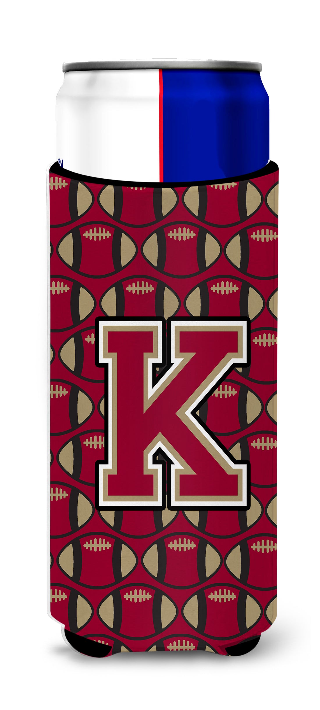 Letter K Football Garnet and Gold Ultra Beverage Insulators for slim cans CJ1078-KMUK.