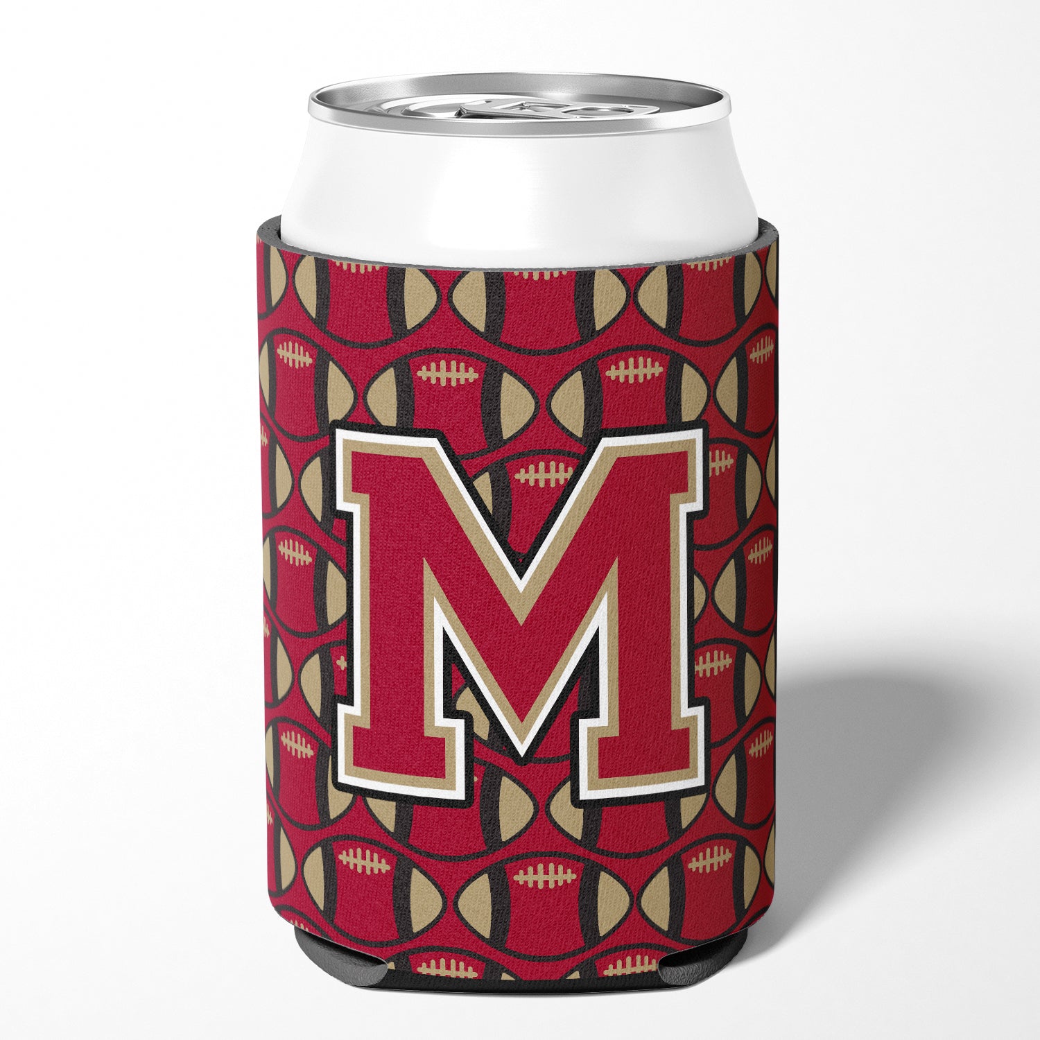 Letter M Football Garnet and Gold Can or Bottle Hugger CJ1078-MCC.