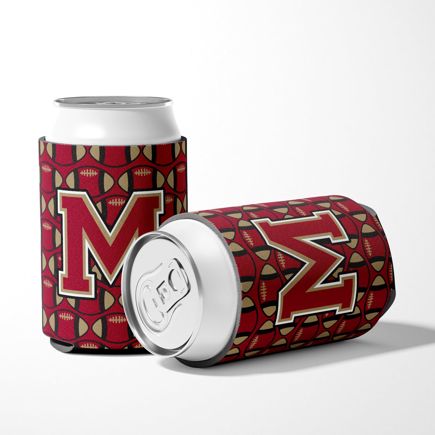 Letter M Football Garnet and Gold Can or Bottle Hugger CJ1078-MCC.