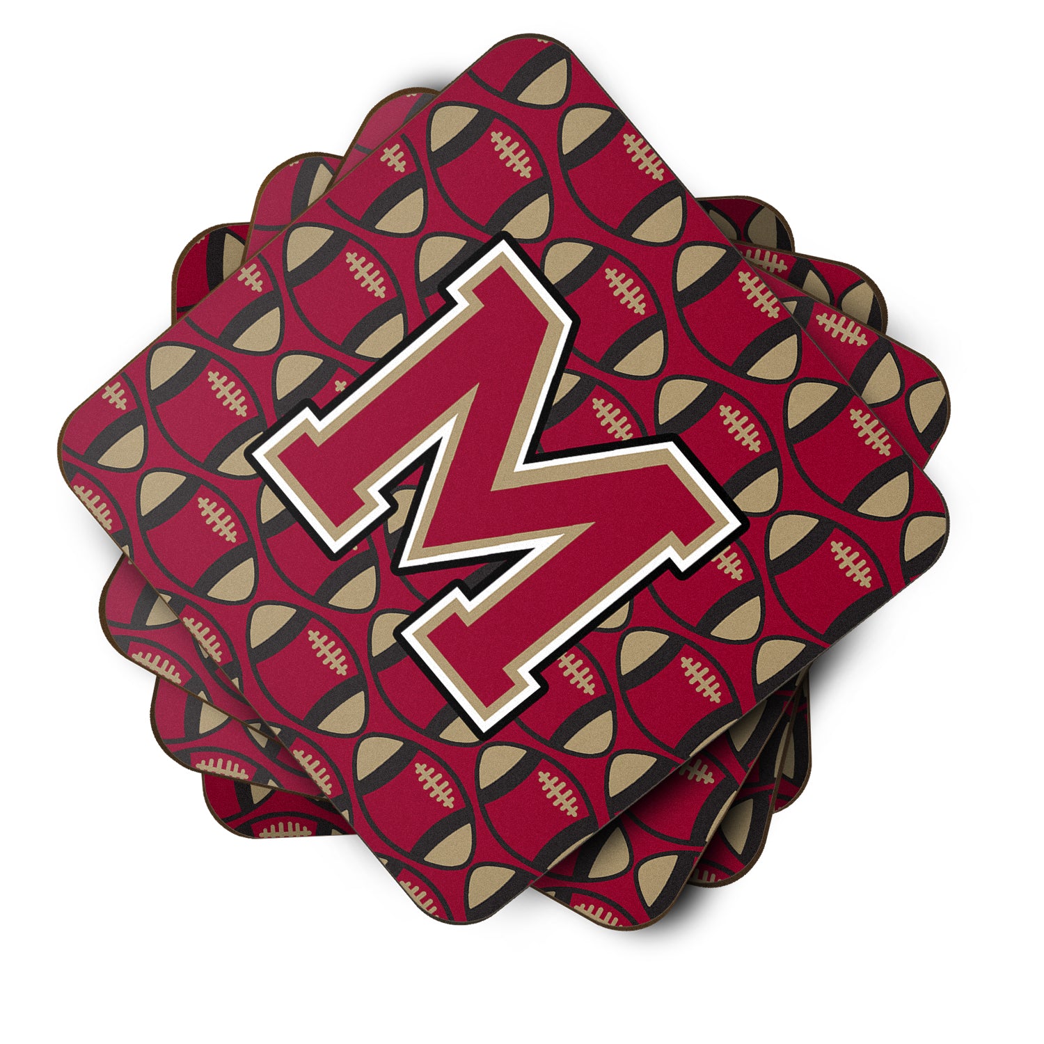 Letter M Football Garnet and Gold Foam Coaster Set of 4 CJ1078-MFC - the-store.com