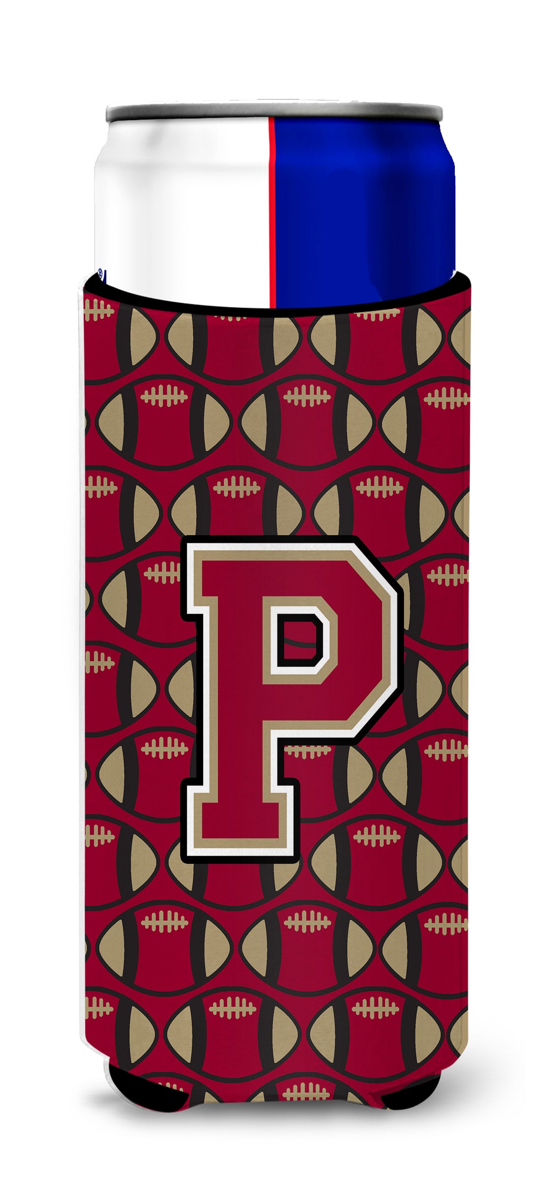 Letter P Football Garnet and Gold Ultra Beverage Insulators for slim cans CJ1078-PMUK.