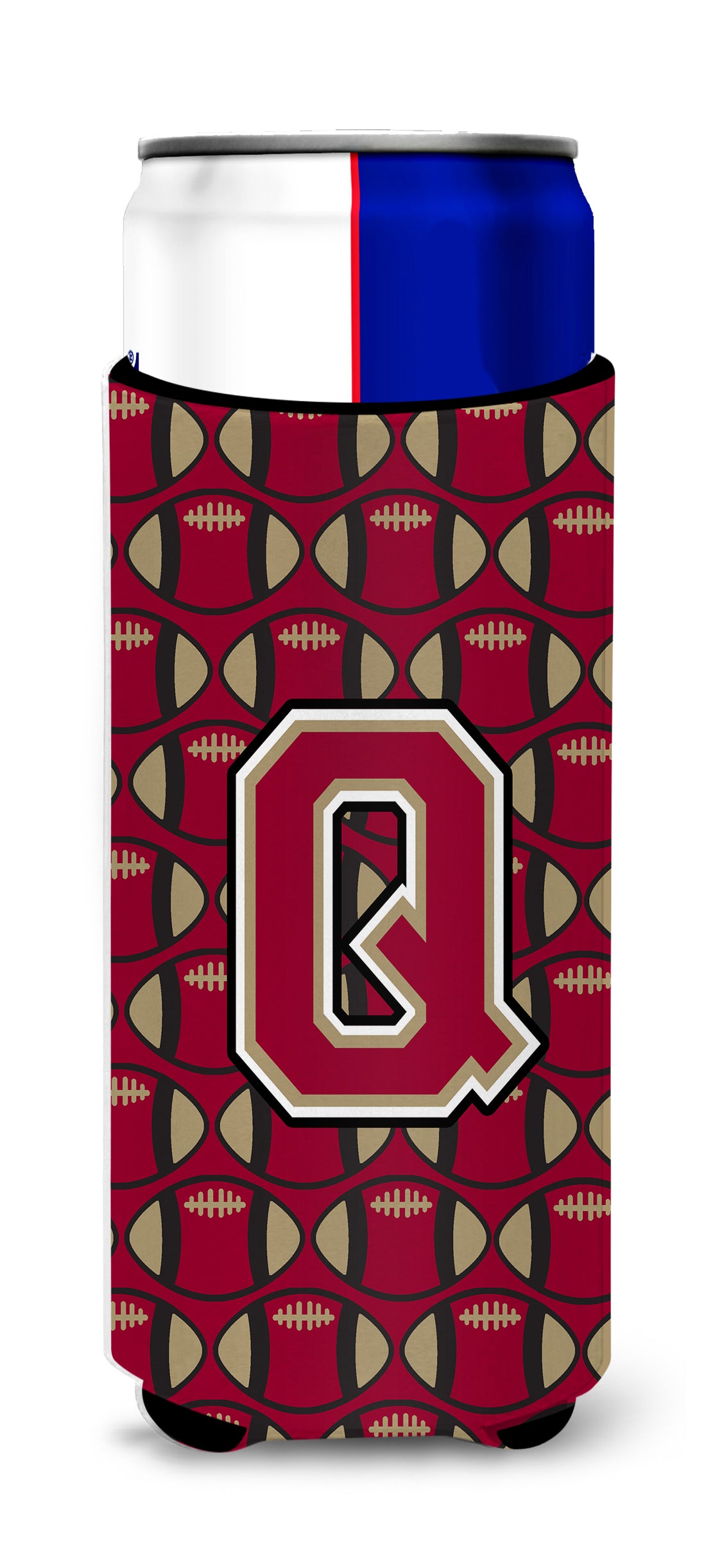 Letter Q Football Garnet and Gold Ultra Beverage Insulators for slim cans CJ1078-QMUK.