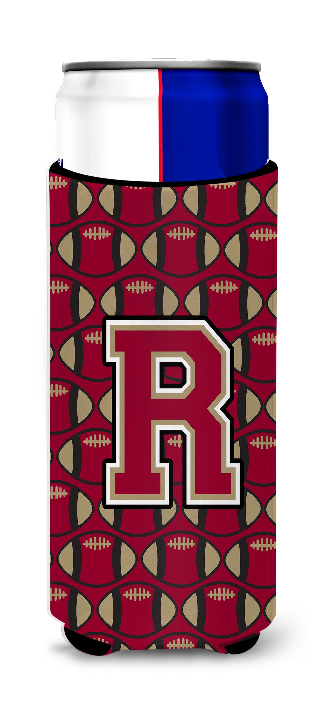 Letter R Football Garnet and Gold Ultra Beverage Insulators for slim cans CJ1078-RMUK.