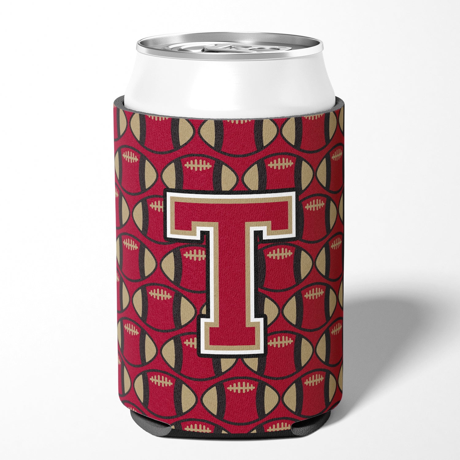 Letter T Football Garnet and Gold Can or Bottle Hugger CJ1078-TCC.