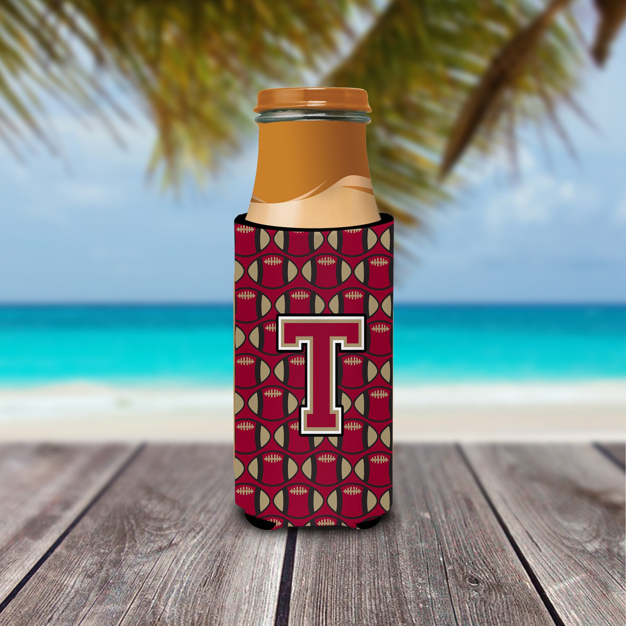 Letter T Football Garnet and Gold Ultra Beverage Insulators for slim cans CJ1078-TMUK.