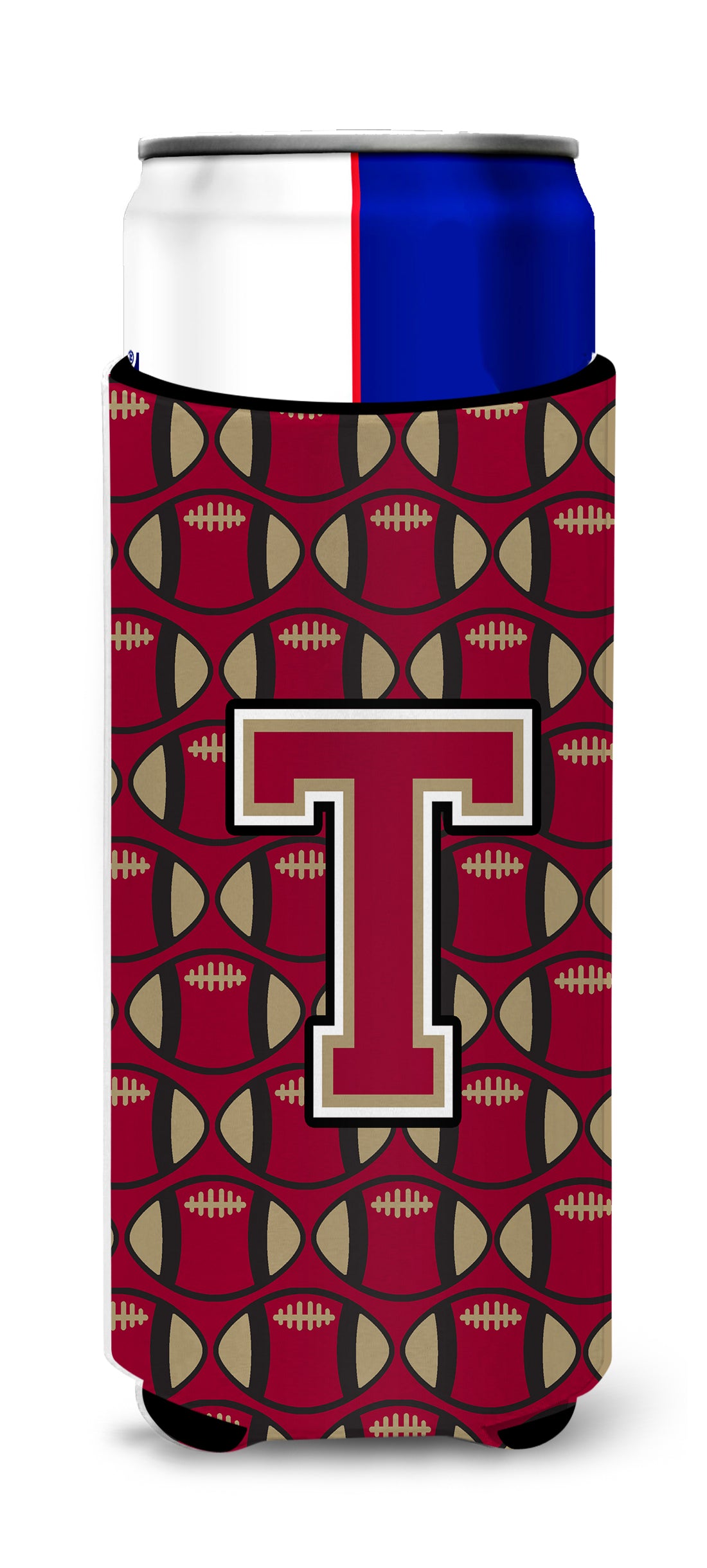 Letter T Football Garnet and Gold Ultra Beverage Insulators for slim cans CJ1078-TMUK.