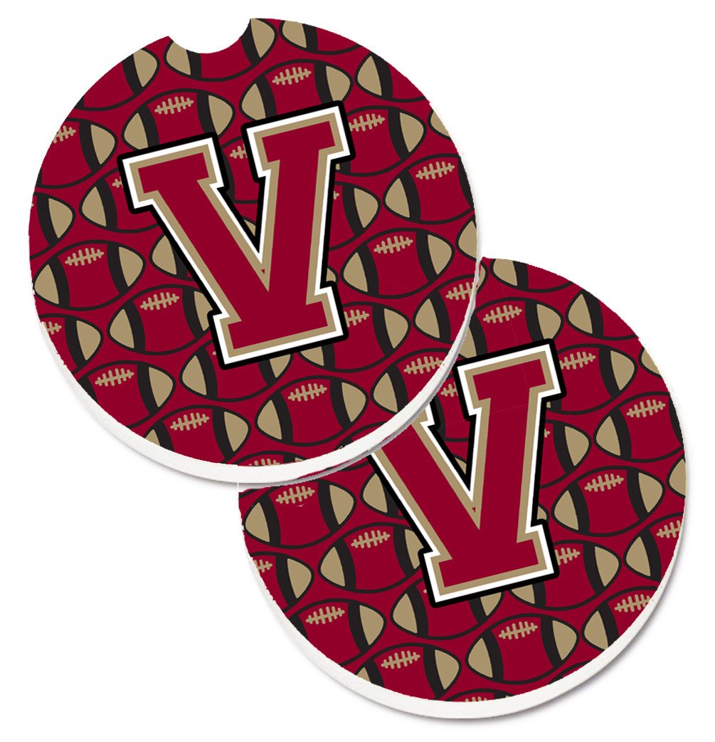 Letter V Football Garnet and Gold Set of 2 Cup Holder Car Coasters CJ1078-VCARC by Caroline&#39;s Treasures