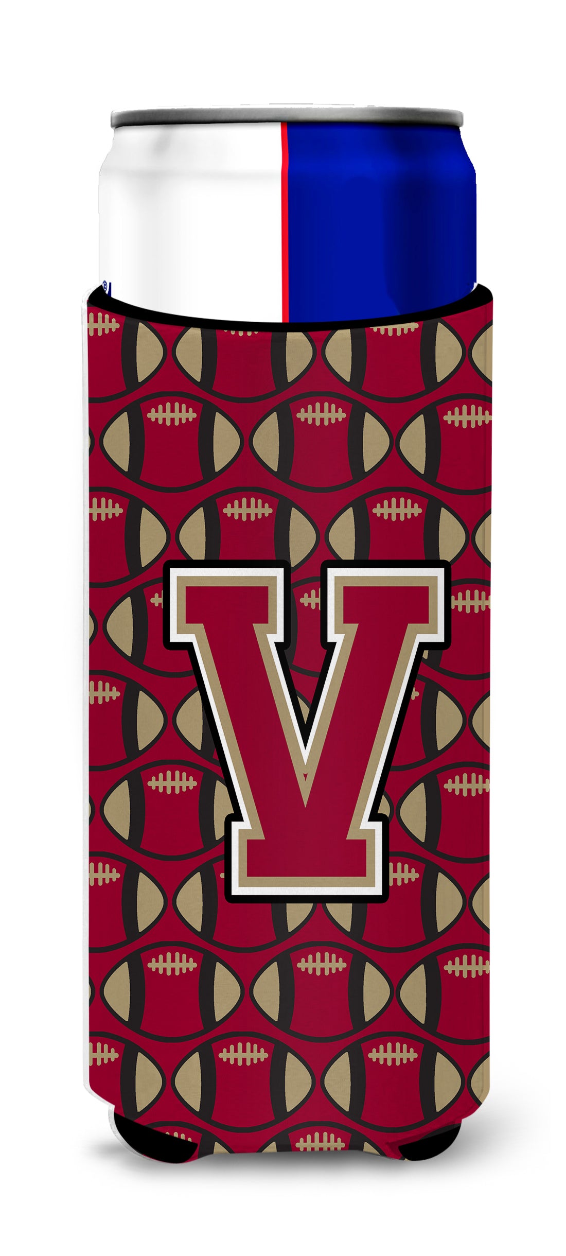 Letter V Football Garnet and Gold Ultra Beverage Insulators for slim cans CJ1078-VMUK.