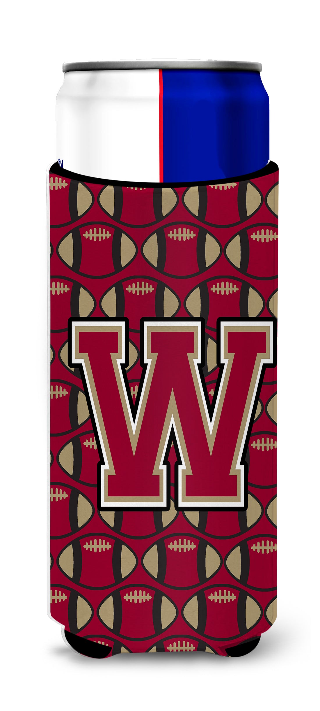 Letter W Football Garnet and Gold Ultra Beverage Insulators for slim cans CJ1078-WMUK.