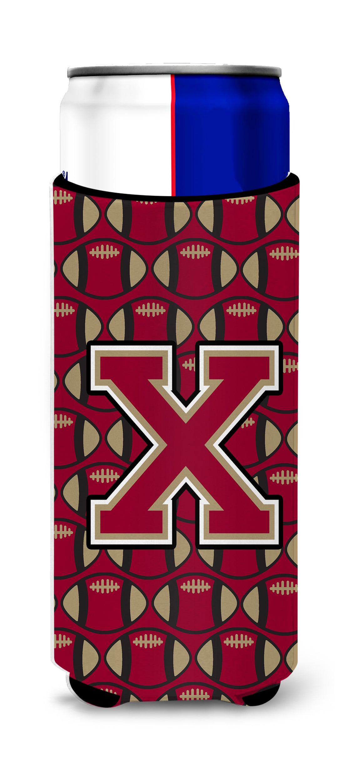 Letter X Football Garnet and Gold Ultra Beverage Insulators for slim cans CJ1078-XMUK.