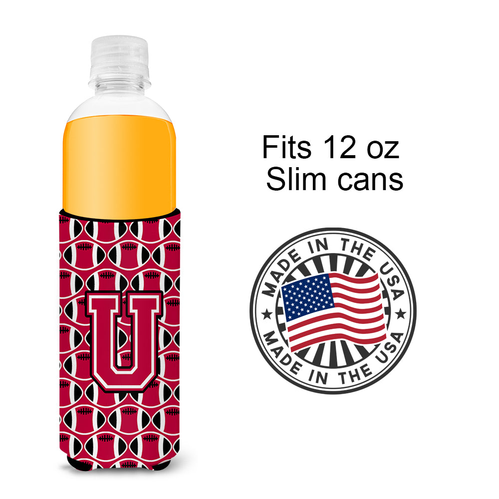 Letter U Football Crimson and White Ultra Beverage Insulators for slim cans CJ1079-UMUK.
