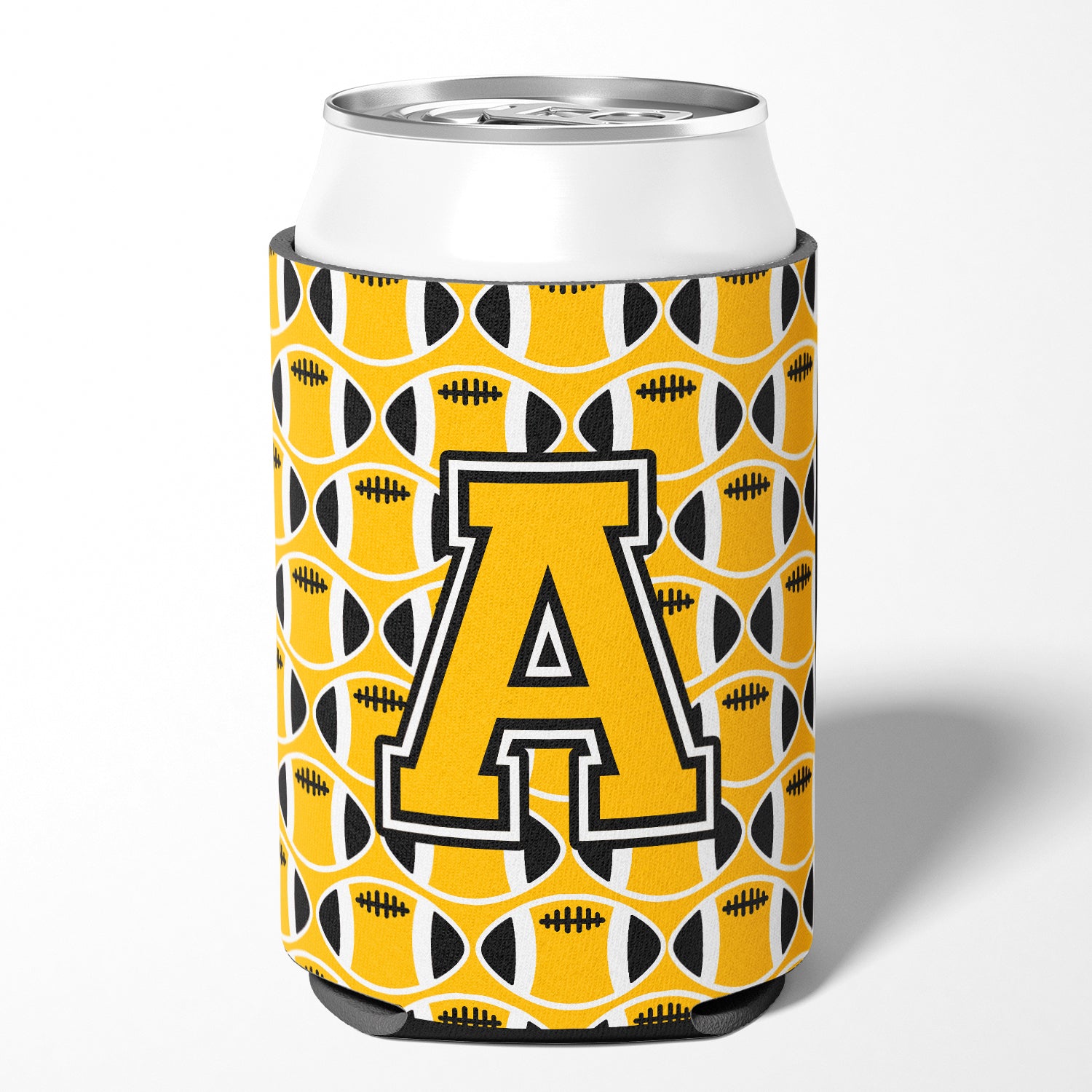 Letter A Football Black, Old Gold and White Can or Bottle Hugger CJ1080-ACC.