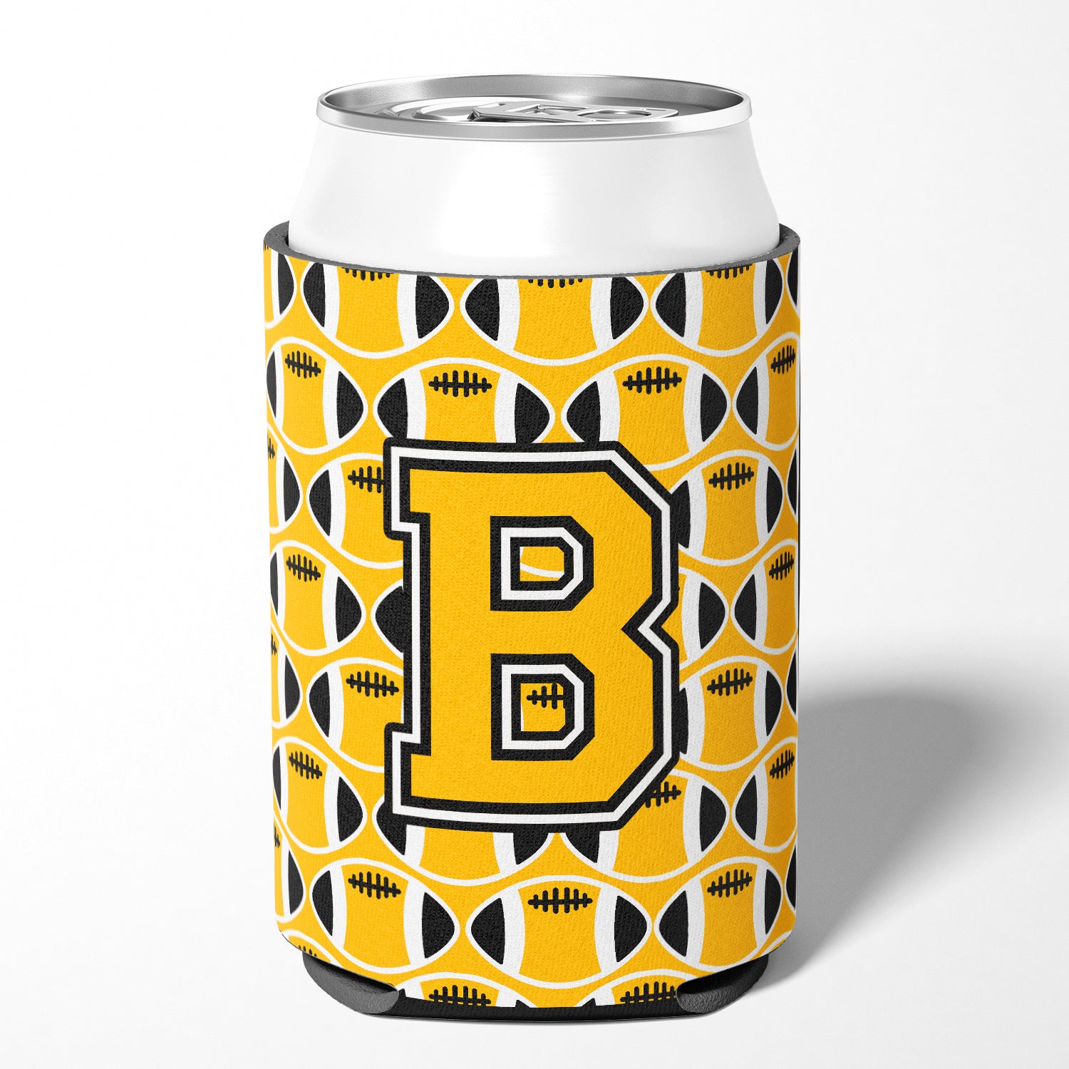 Letter B Football Black, Old Gold and White Can or Bottle Hugger CJ1080-BCC.