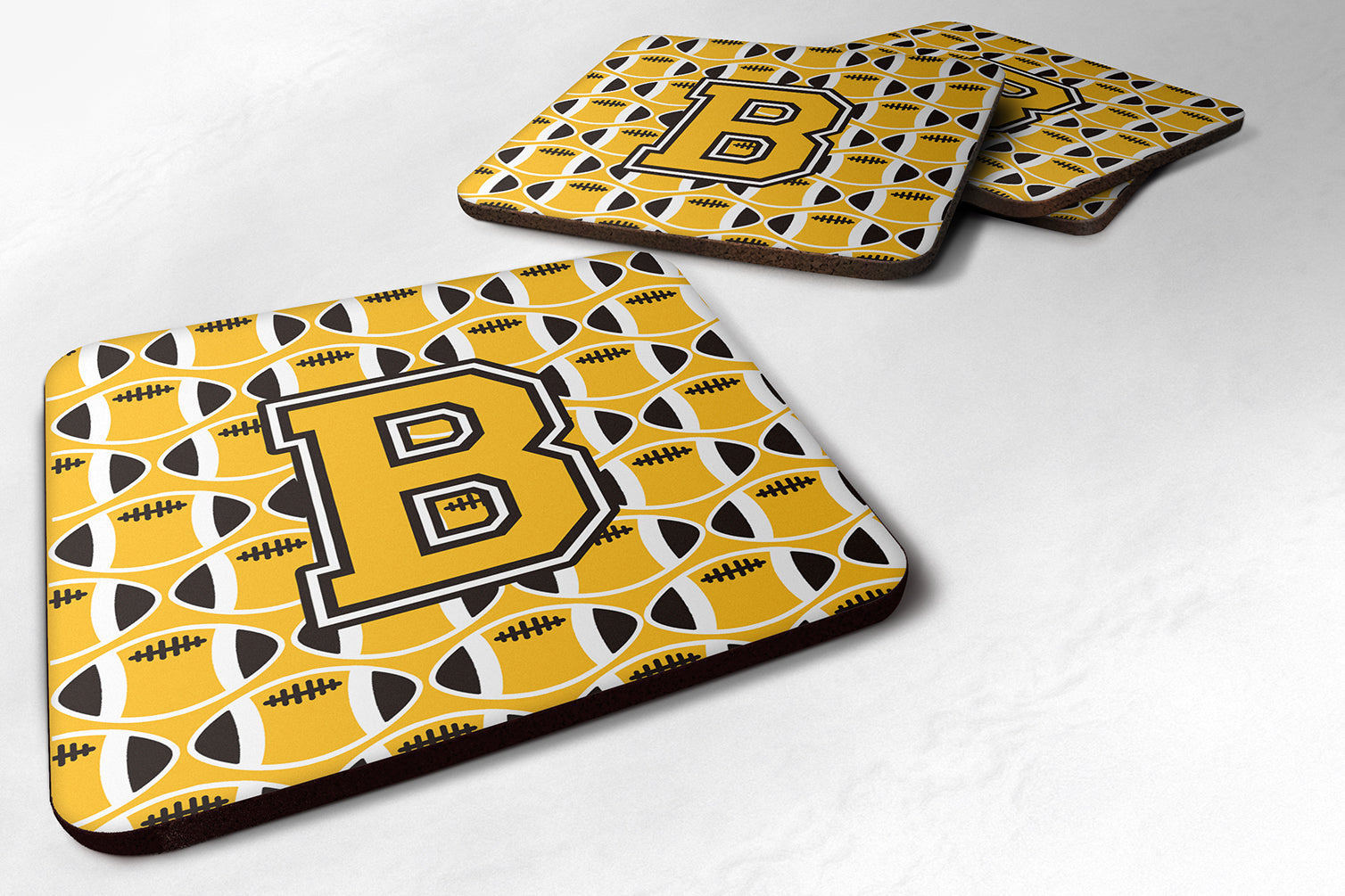 Letter B Football Black, Old Gold and White Foam Coaster Set of 4 CJ1080-BFC - the-store.com