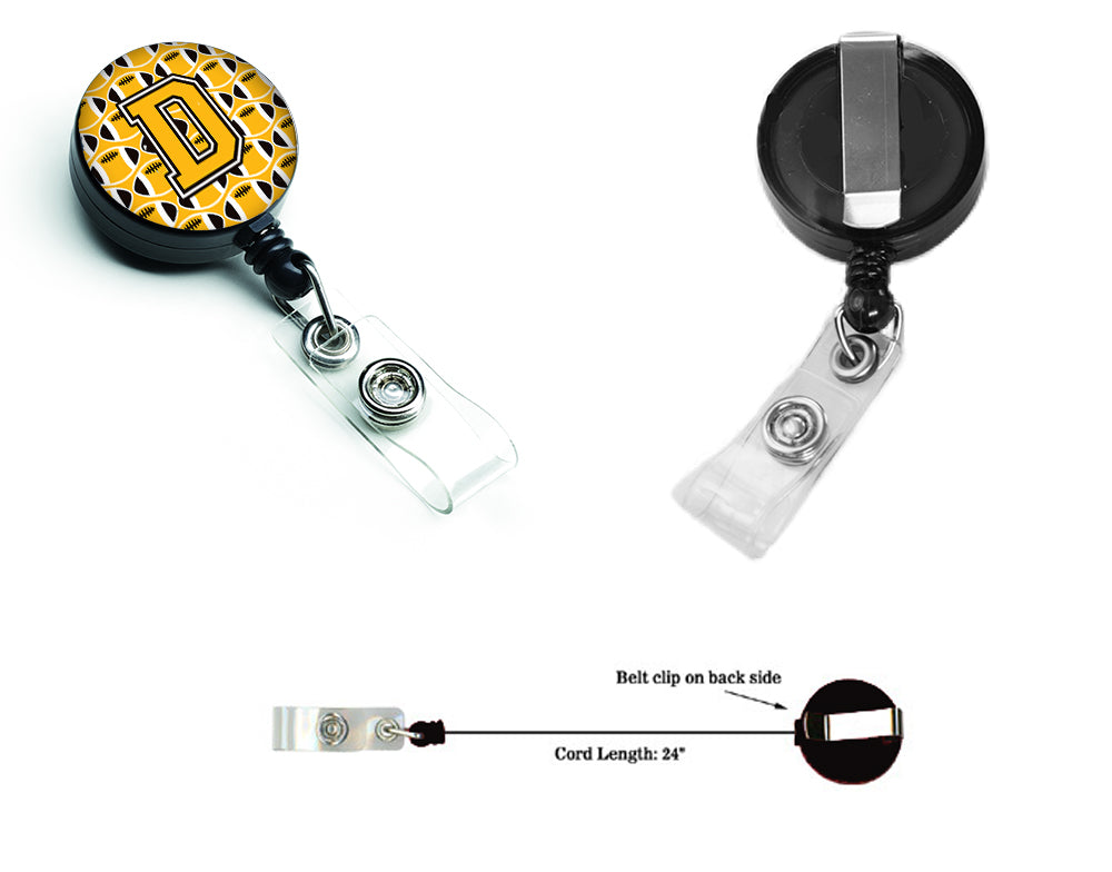 Letter D Football Black, Old Gold and White Retractable Badge Reel CJ1080-DBR.