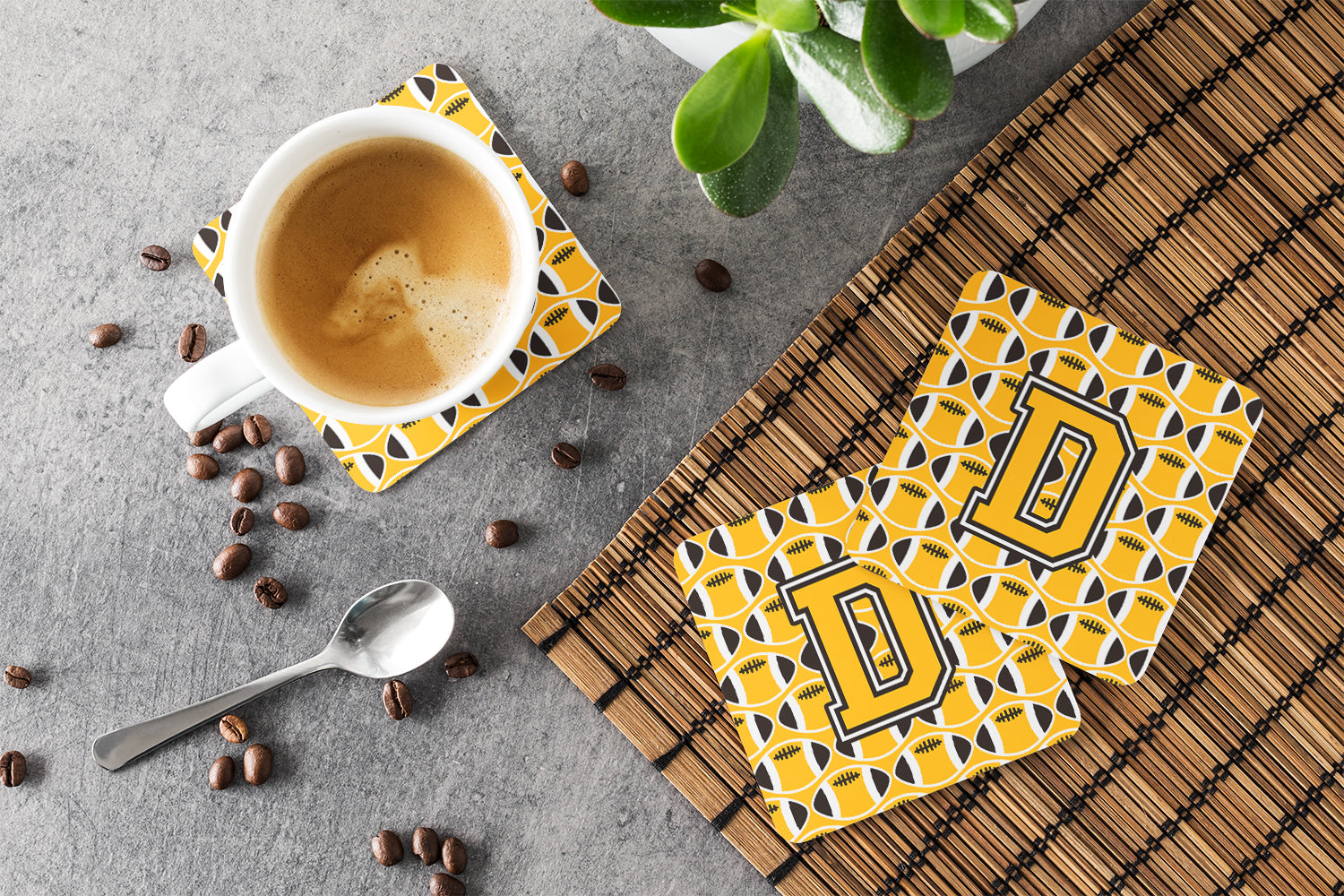 Letter D Football Black, Old Gold and White Foam Coaster Set of 4 CJ1080-DFC - the-store.com