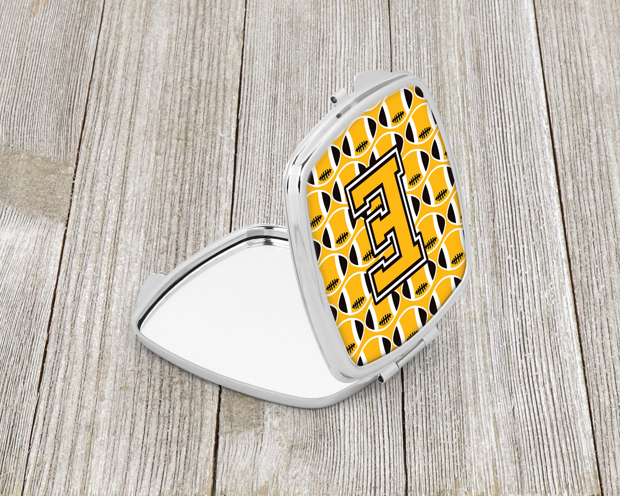 Letter E Football Black, Old Gold and White Compact Mirror CJ1080-ESCM  the-store.com.