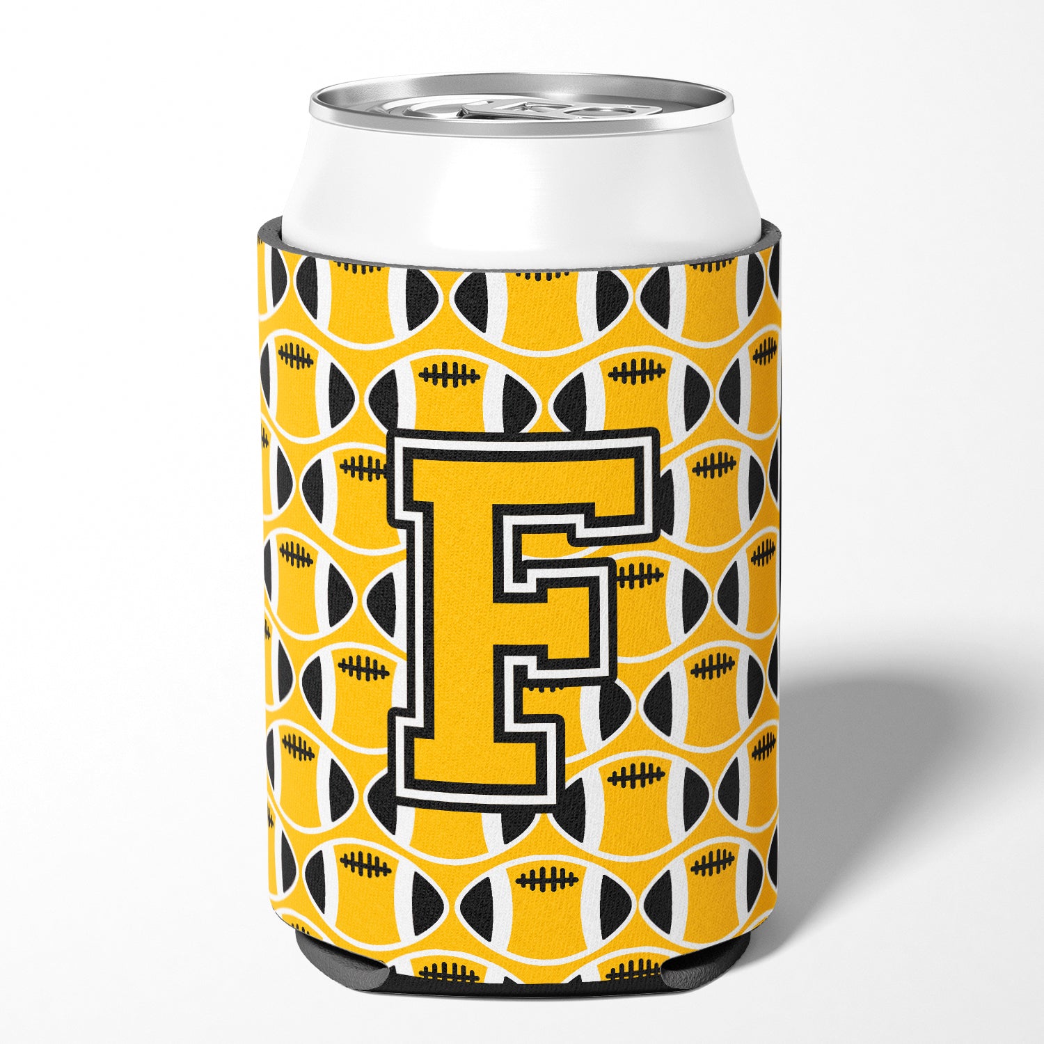 Letter F Football Black, Old Gold and White Can or Bottle Hugger CJ1080-FCC.