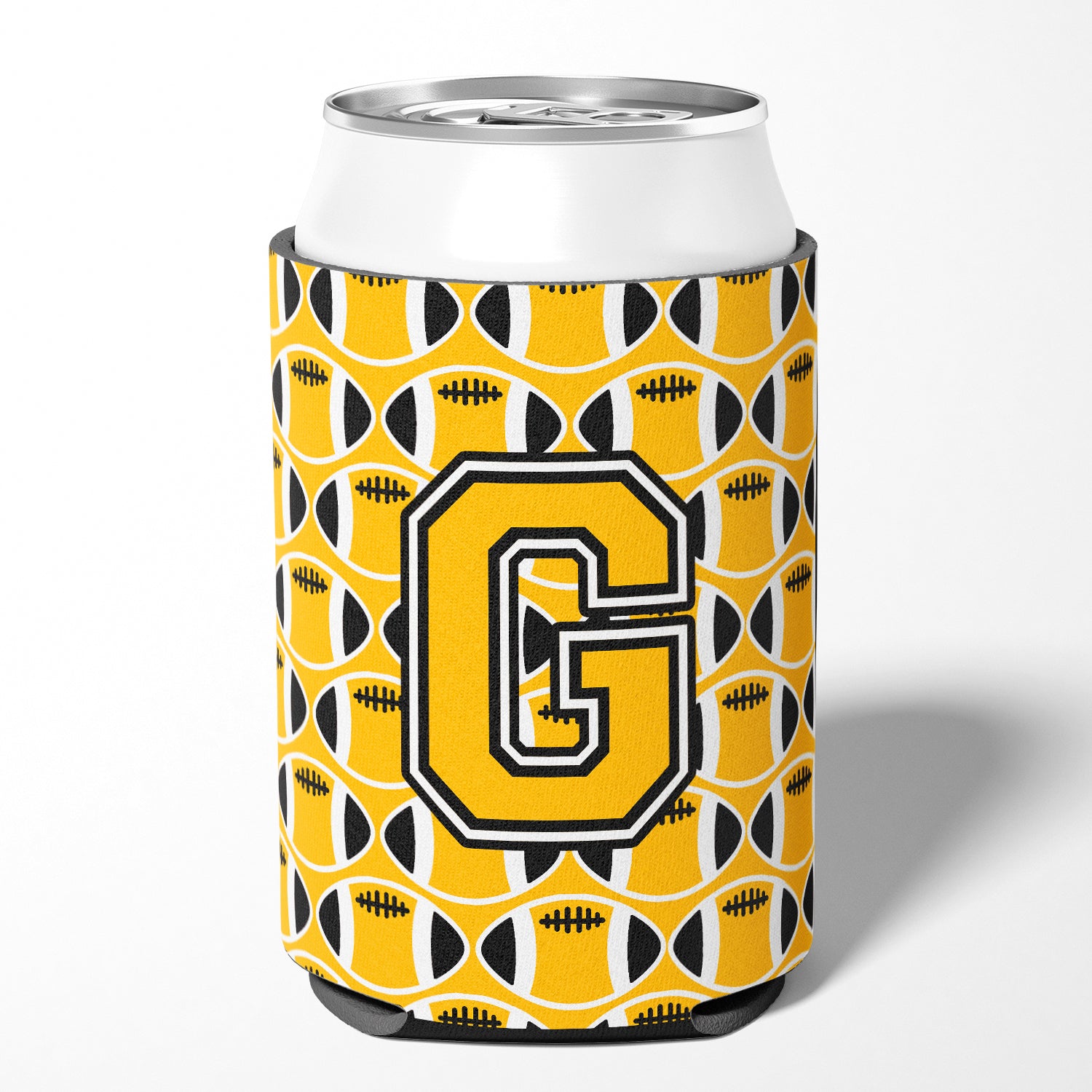 Letter G Football Black, Old Gold and White Can or Bottle Hugger CJ1080-GCC.