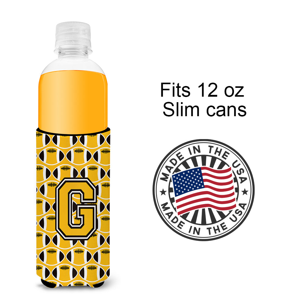 Letter G Football Black, Old Gold and White Ultra Beverage Insulators for slim cans CJ1080-GMUK.