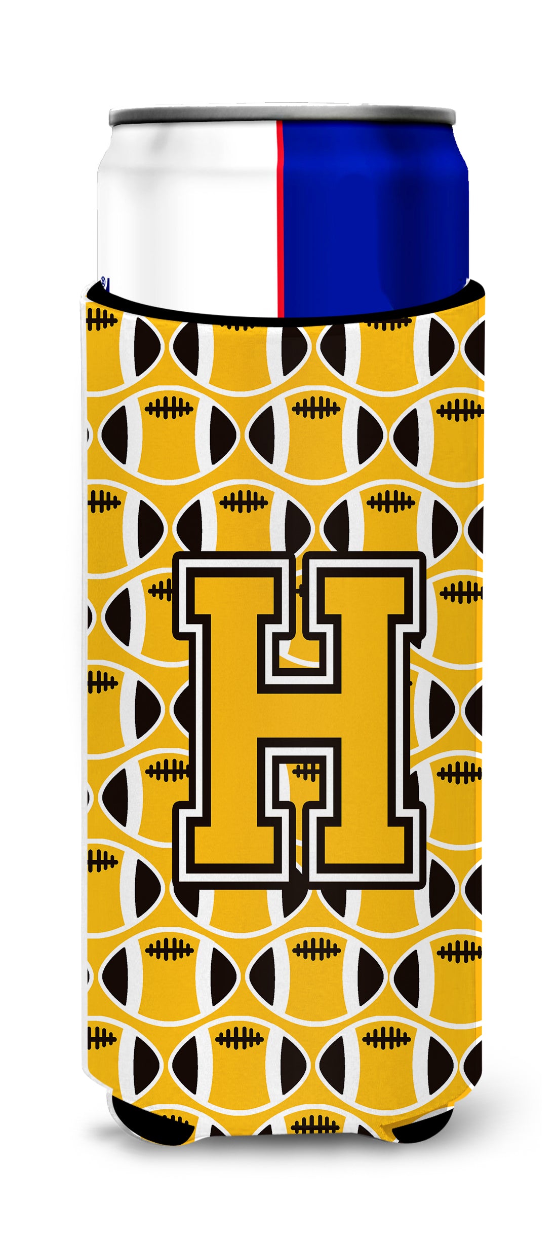 Letter H Football Black, Old Gold and White Ultra Beverage Insulators for slim cans CJ1080-HMUK.