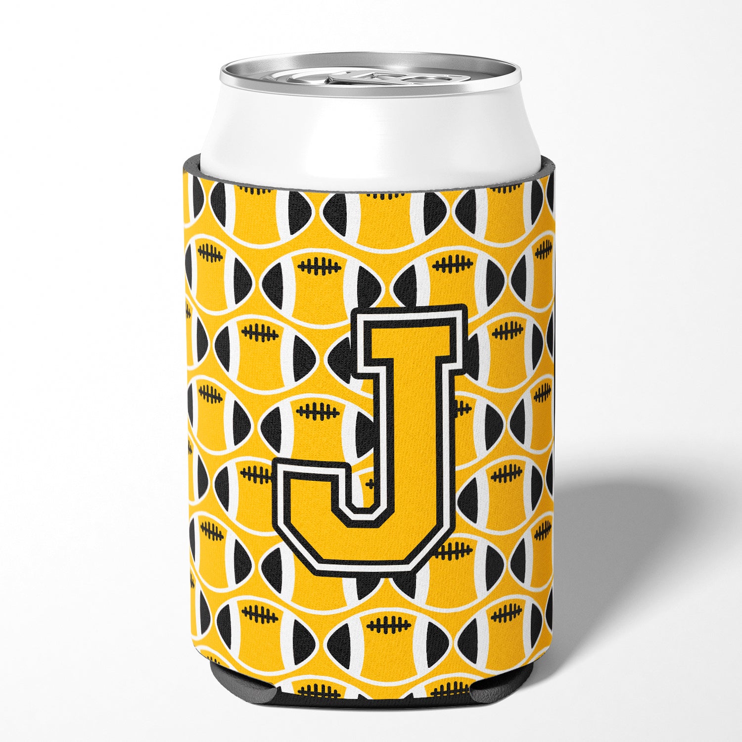 Letter J Football Black, Old Gold and White Can or Bottle Hugger CJ1080-JCC.