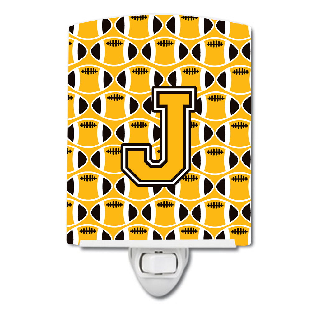 Letter J Football Black, Old Gold and White Ceramic Night Light CJ1080-JCNL - the-store.com