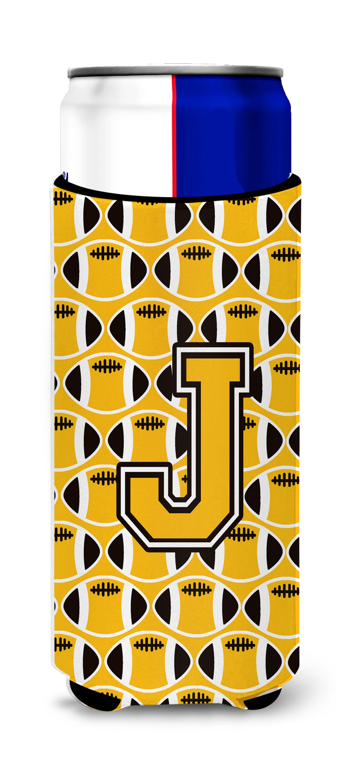 Letter J Football Black, Old Gold and White Ultra Beverage Insulators for slim cans CJ1080-JMUK.