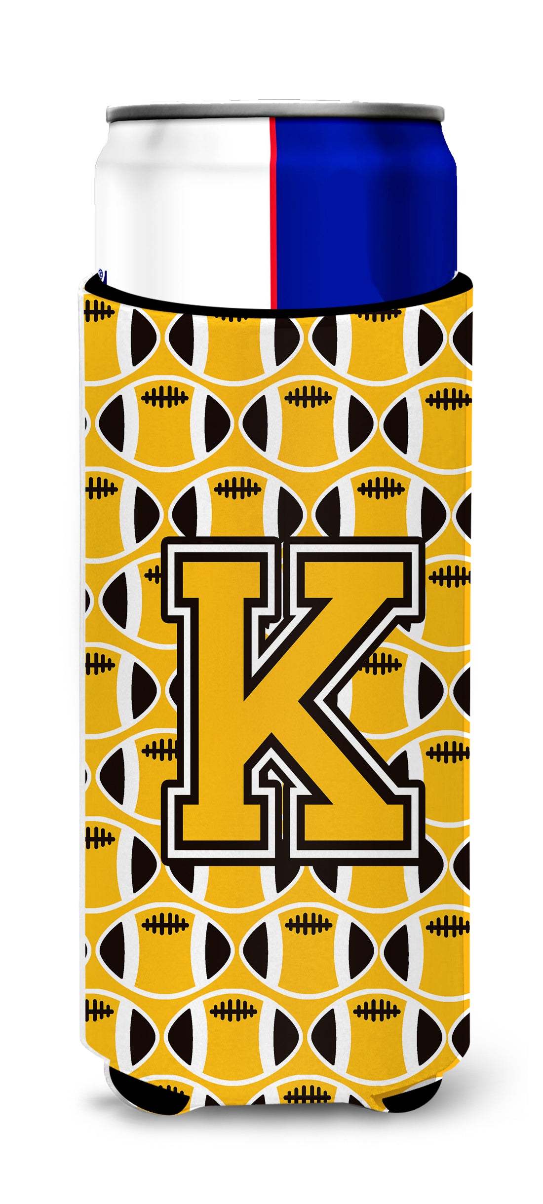 Letter K Football Black, Old Gold and White Ultra Beverage Insulators for slim cans CJ1080-KMUK.