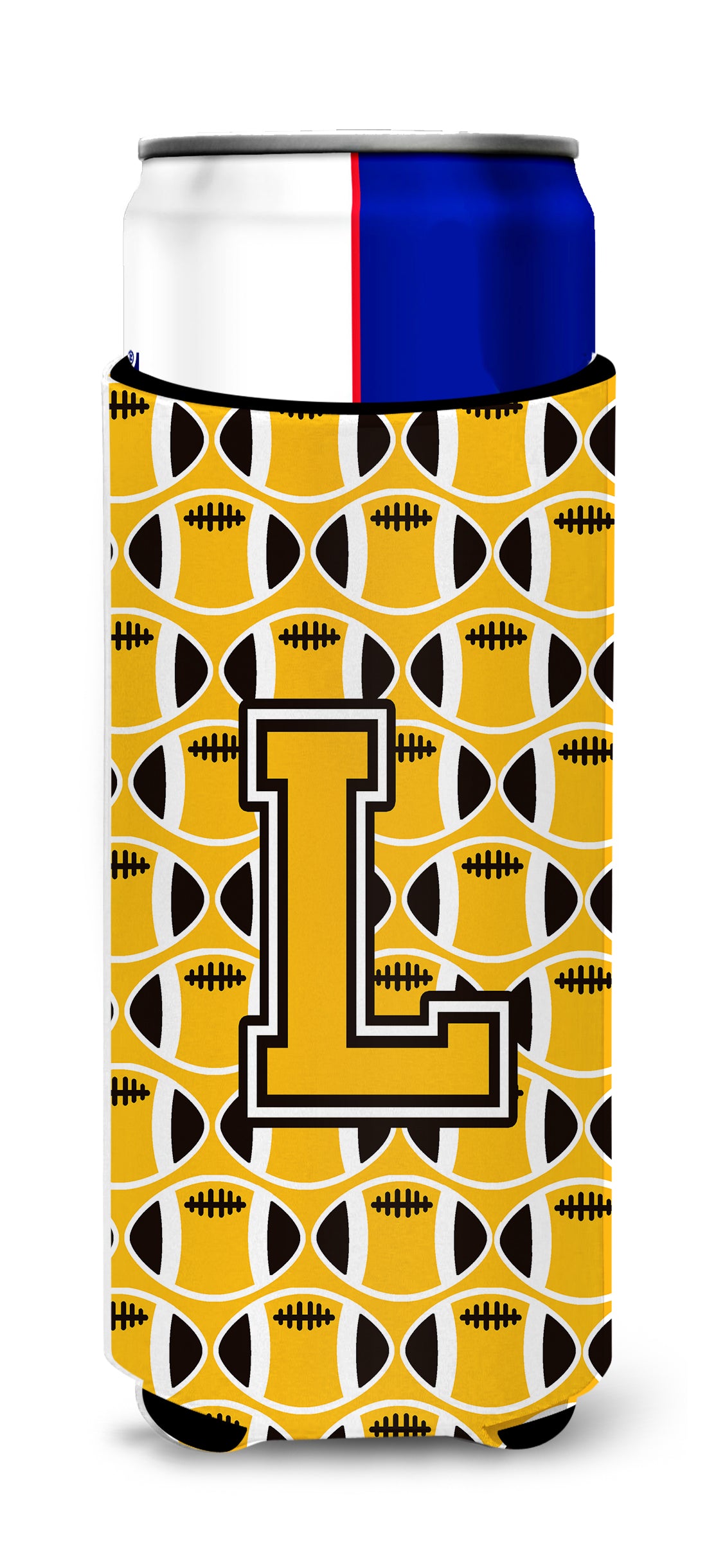 Letter L Football Black, Old Gold and White Ultra Beverage Insulators for slim cans CJ1080-LMUK.