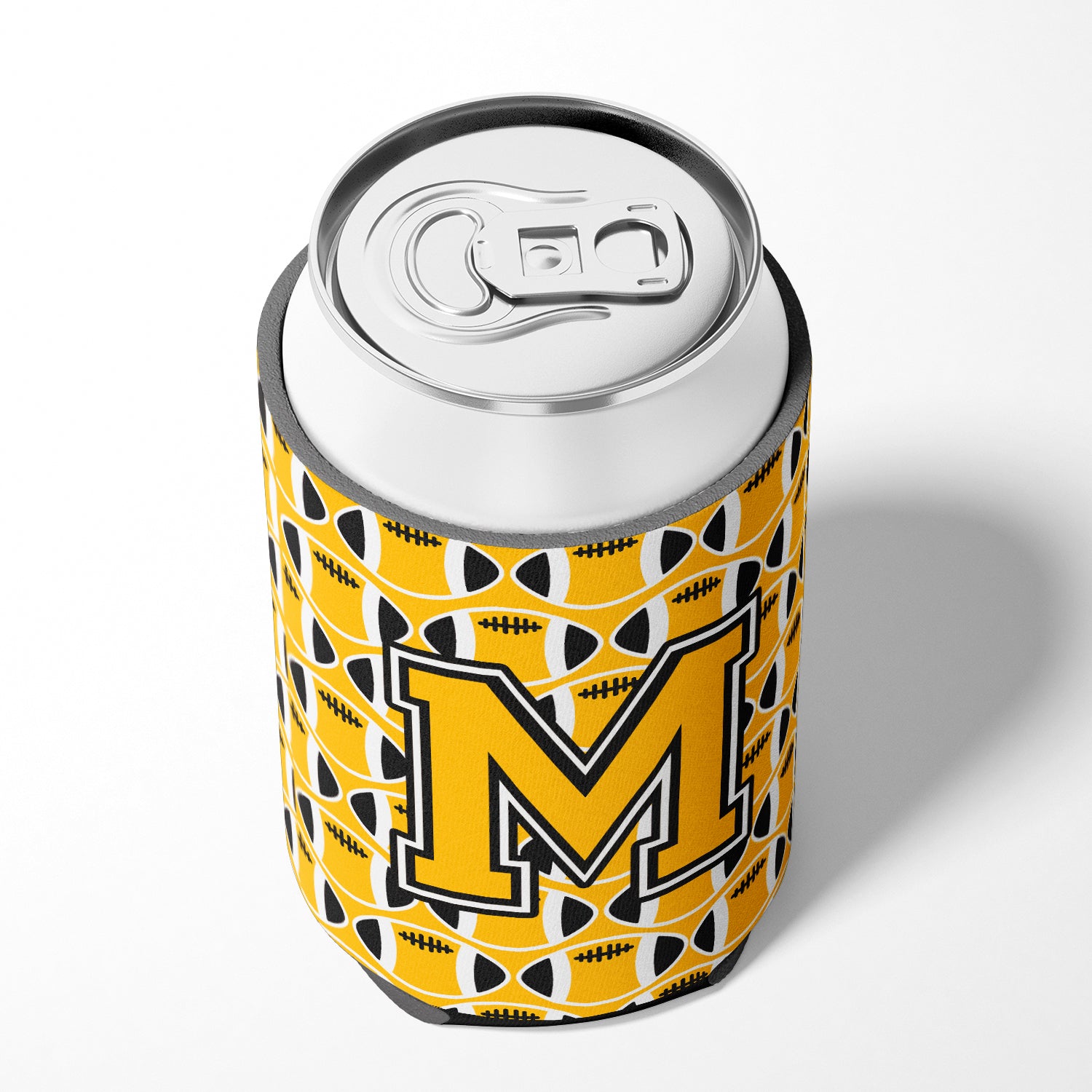 Letter M Football Black, Old Gold and White Can or Bottle Hugger CJ1080-MCC.