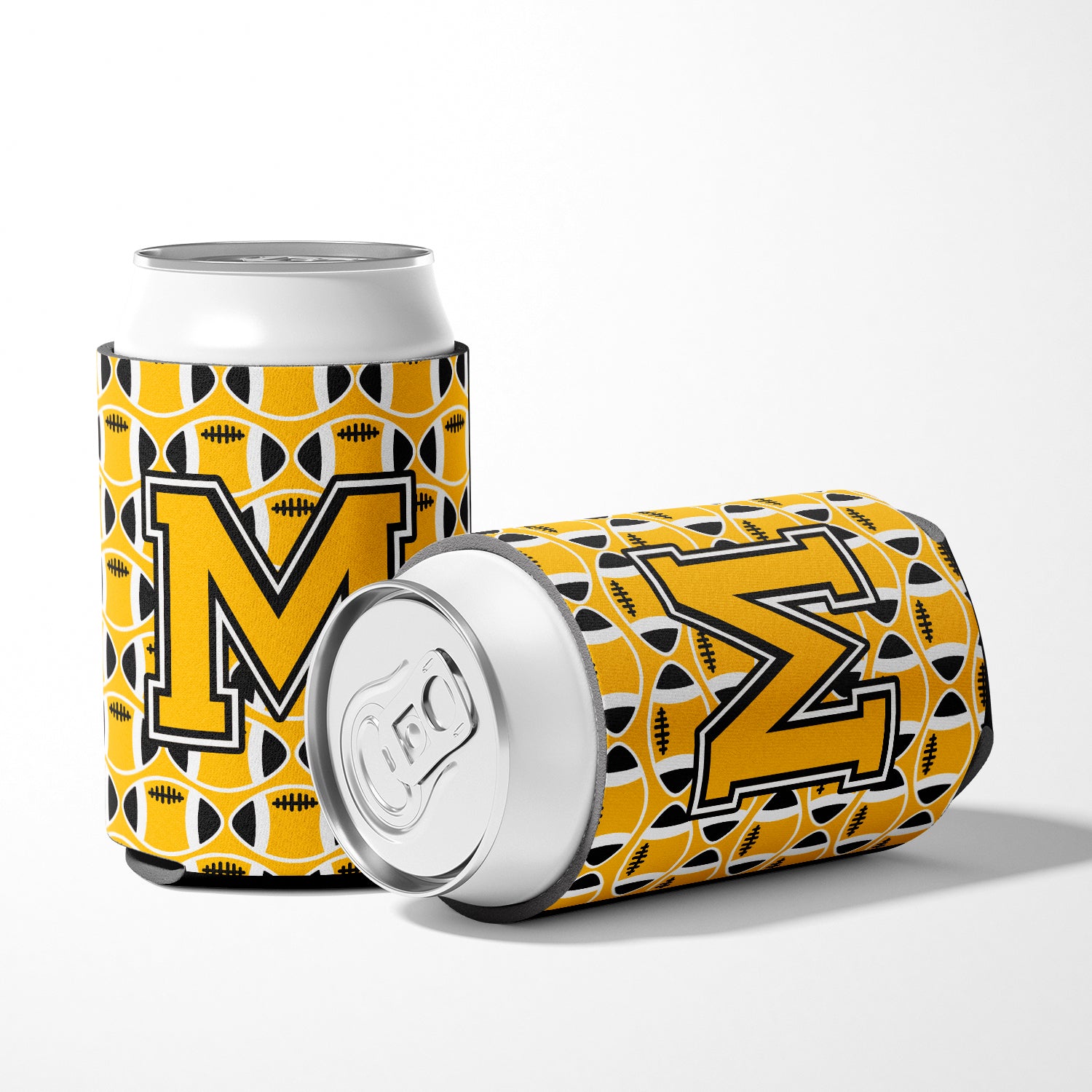 Letter M Football Black, Old Gold and White Can or Bottle Hugger CJ1080-MCC.