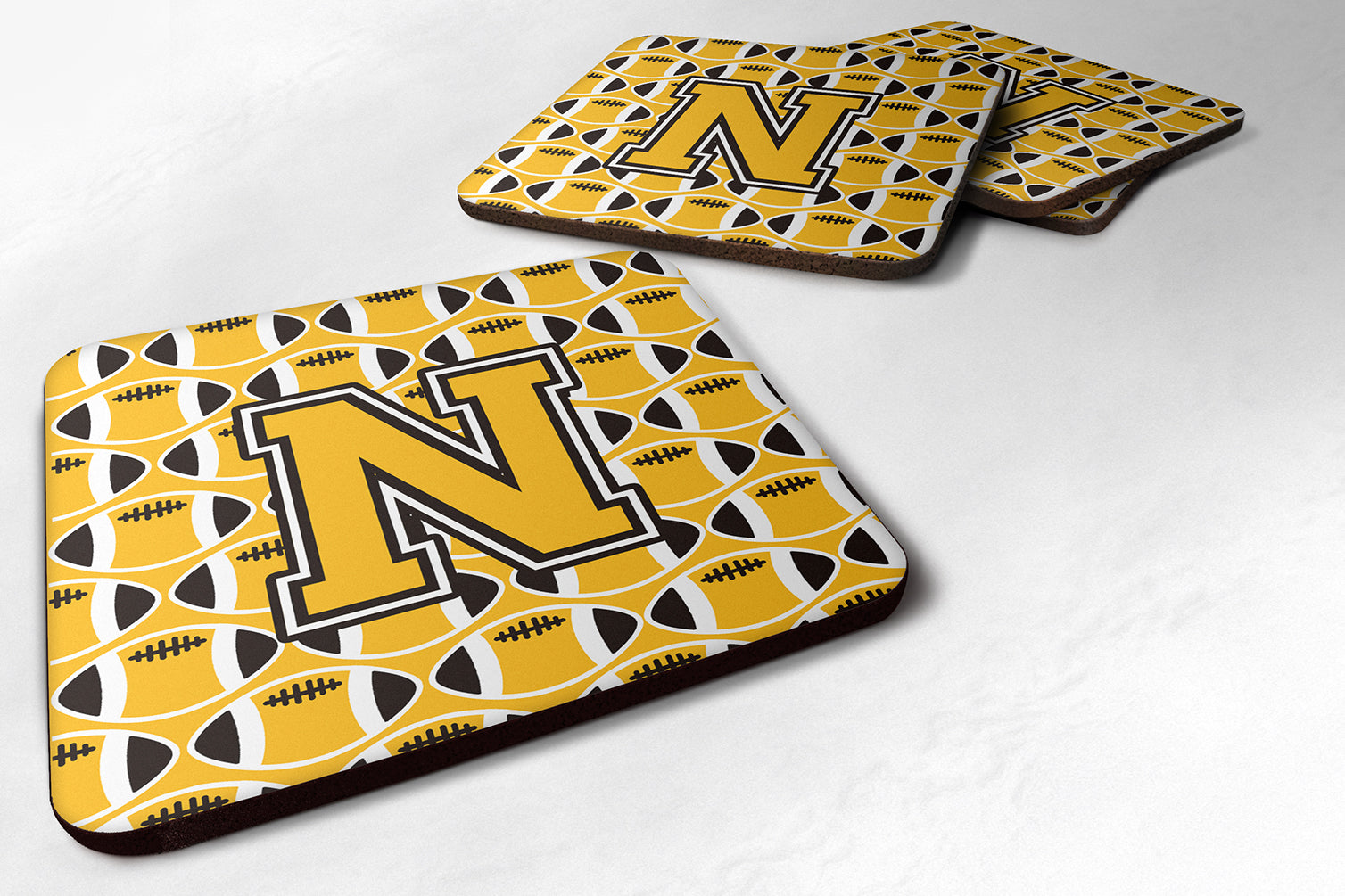 Letter N Football Black, Old Gold and White Foam Coaster Set of 4 CJ1080-NFC - the-store.com