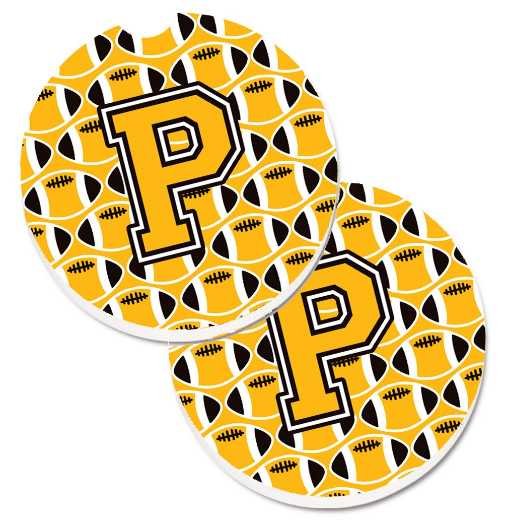 Letter P Football Black, Old Gold and White Set of 2 Cup Holder Car Coasters CJ1080-PCARC by Caroline&#39;s Treasures