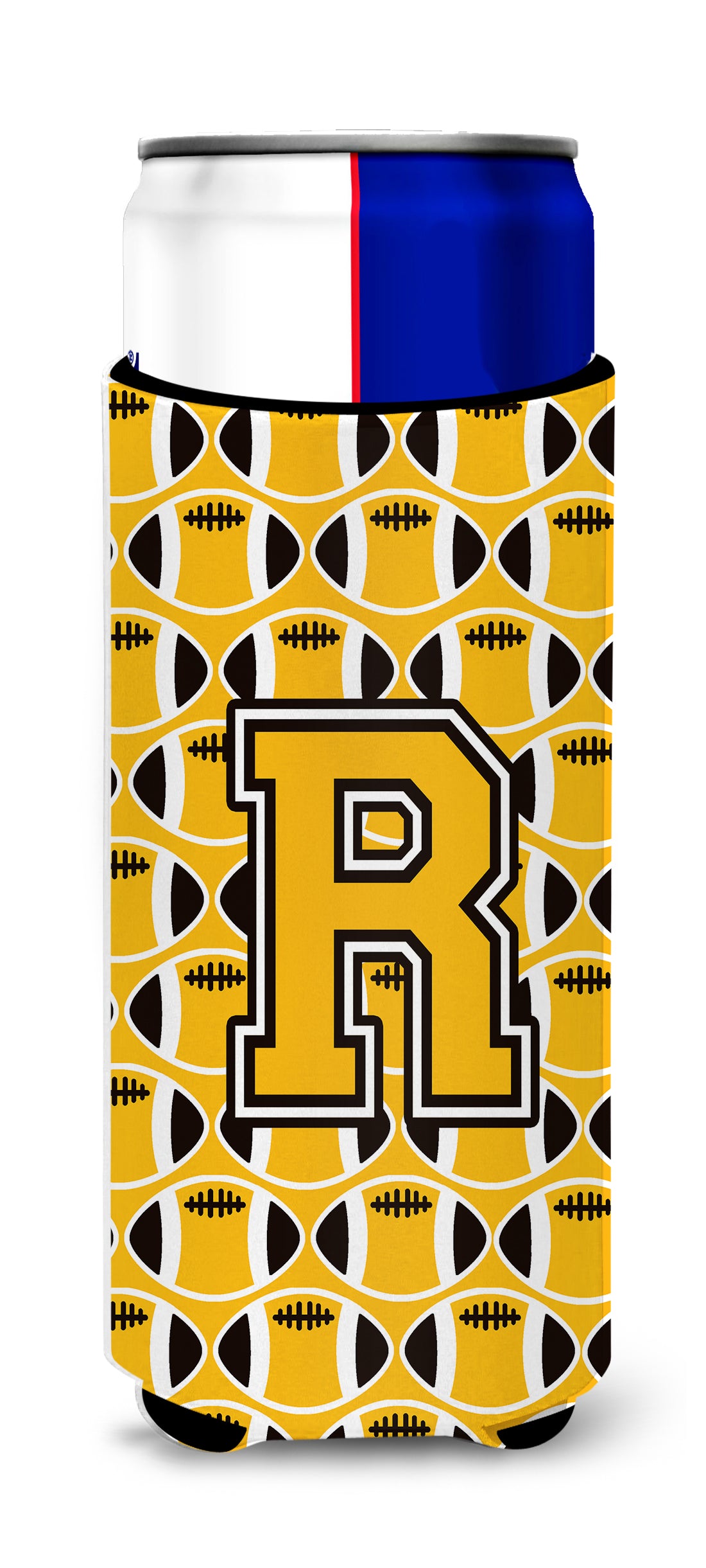 Letter R Football Black, Old Gold and White Ultra Beverage Insulators for slim cans CJ1080-RMUK.