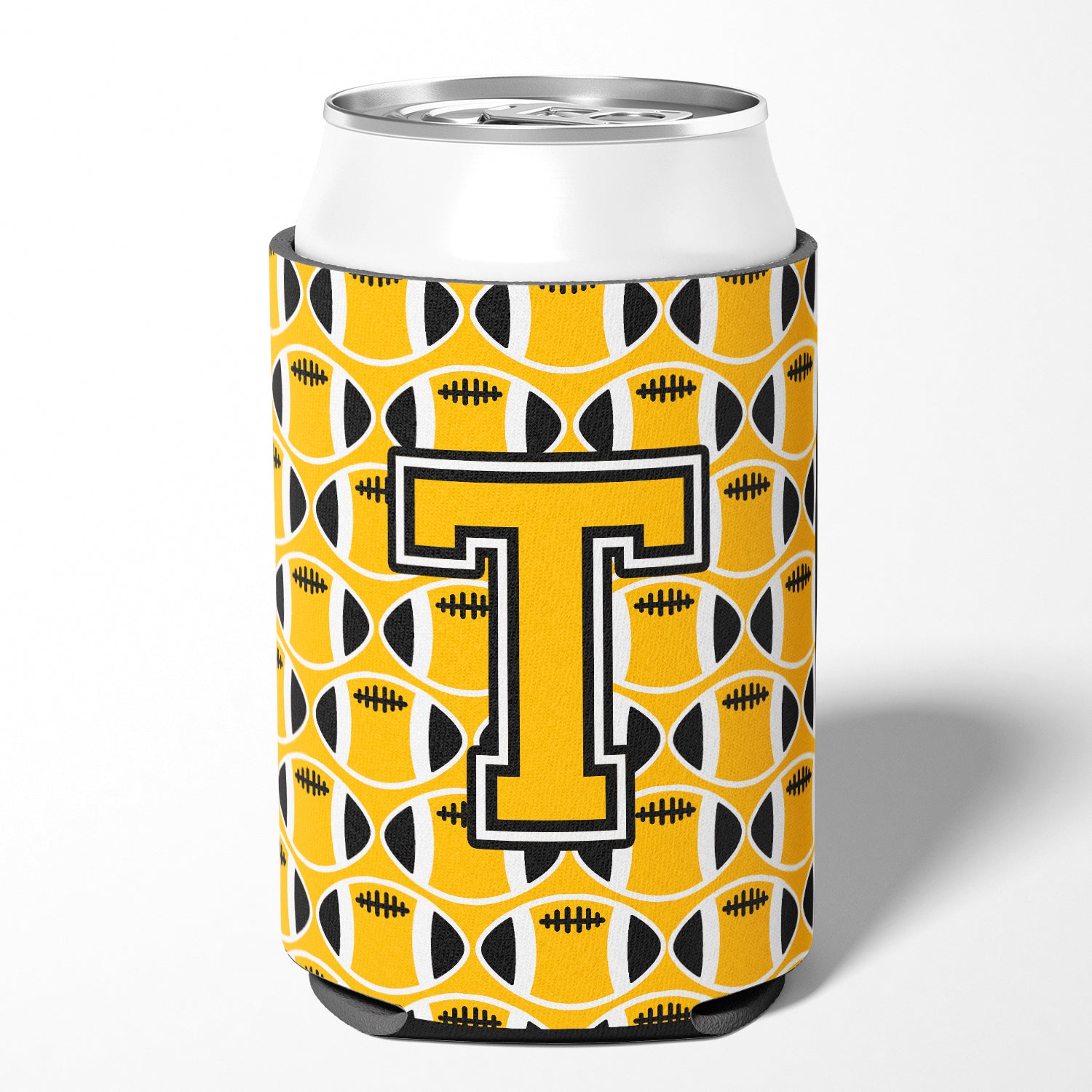 Letter T Football Black, Old Gold and White Can or Bottle Hugger CJ1080-TCC.