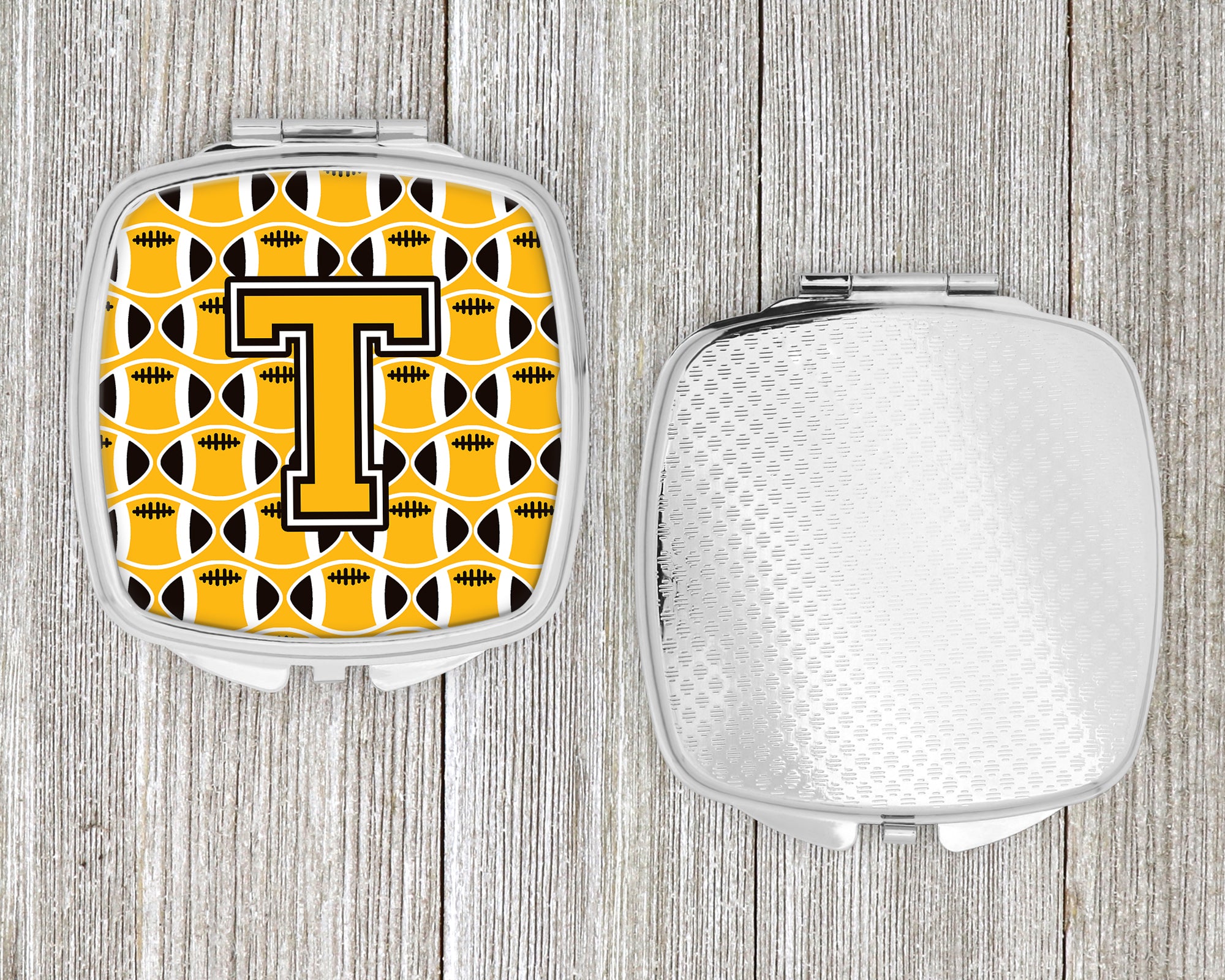 Letter T Football Black, Old Gold and White Compact Mirror CJ1080-TSCM  the-store.com.