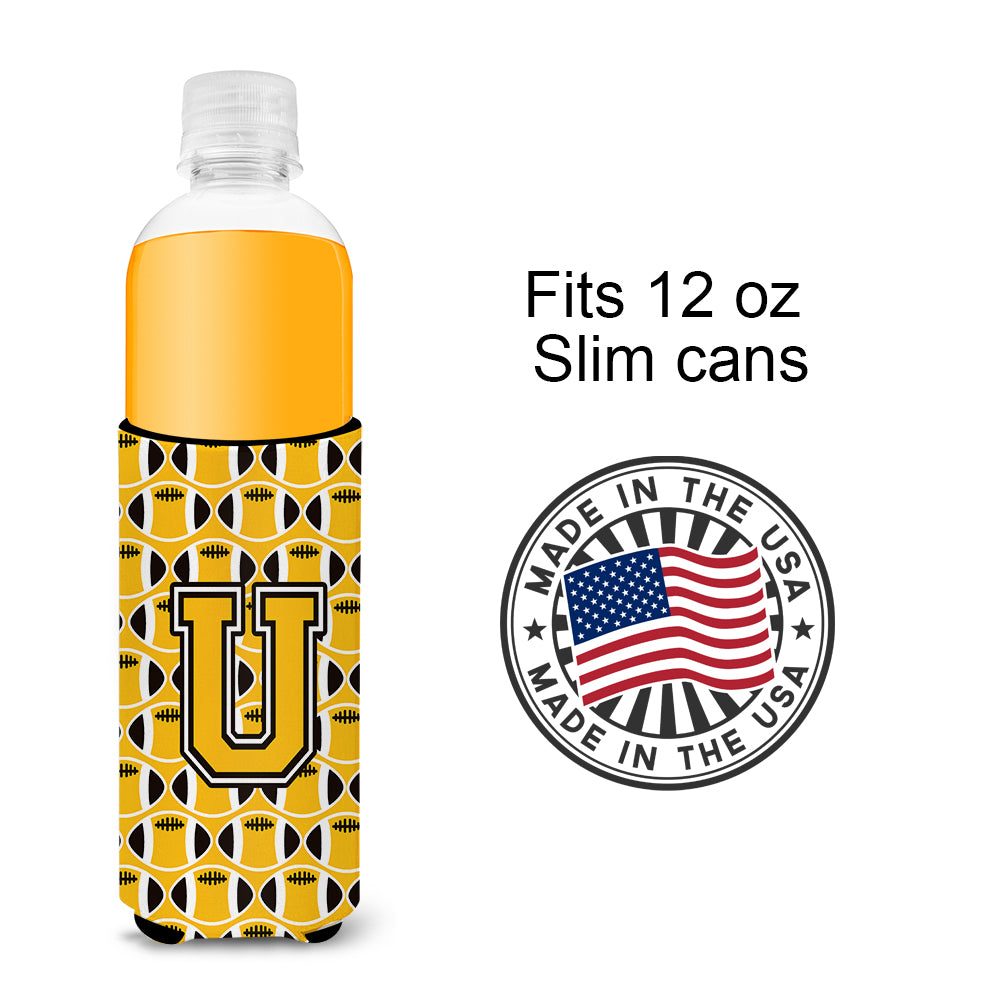 Letter U Football Black, Old Gold and White Ultra Beverage Insulators for slim cans CJ1080-UMUK.