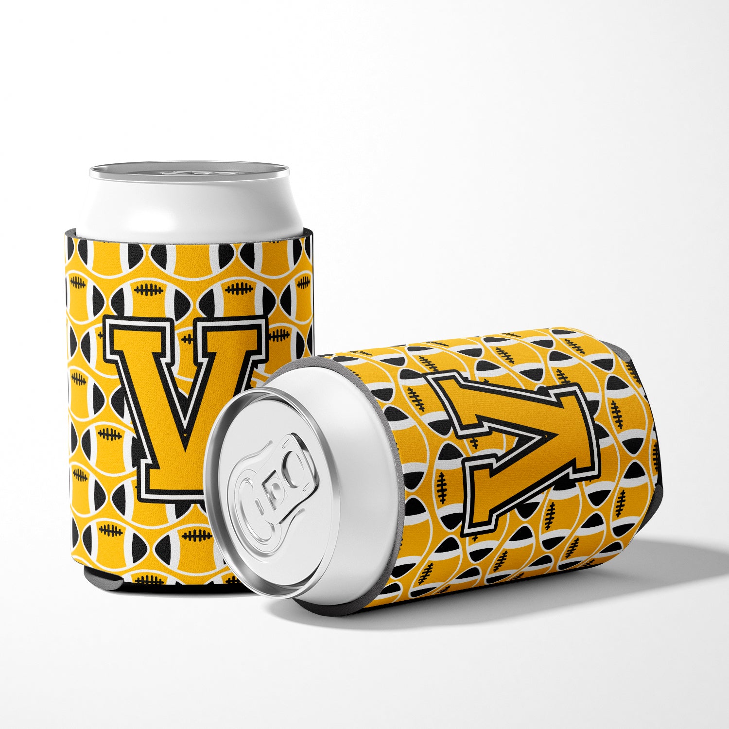 Letter V Football Black, Old Gold and White Can or Bottle Hugger CJ1080-VCC.