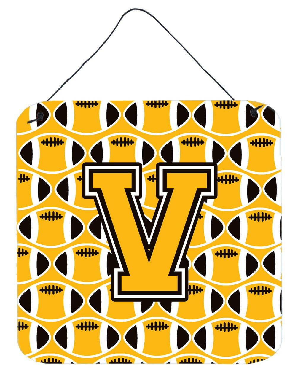 Letter V Football Black, Old Gold and White Wall or Door Hanging Prints CJ1080-VDS66 by Caroline's Treasures