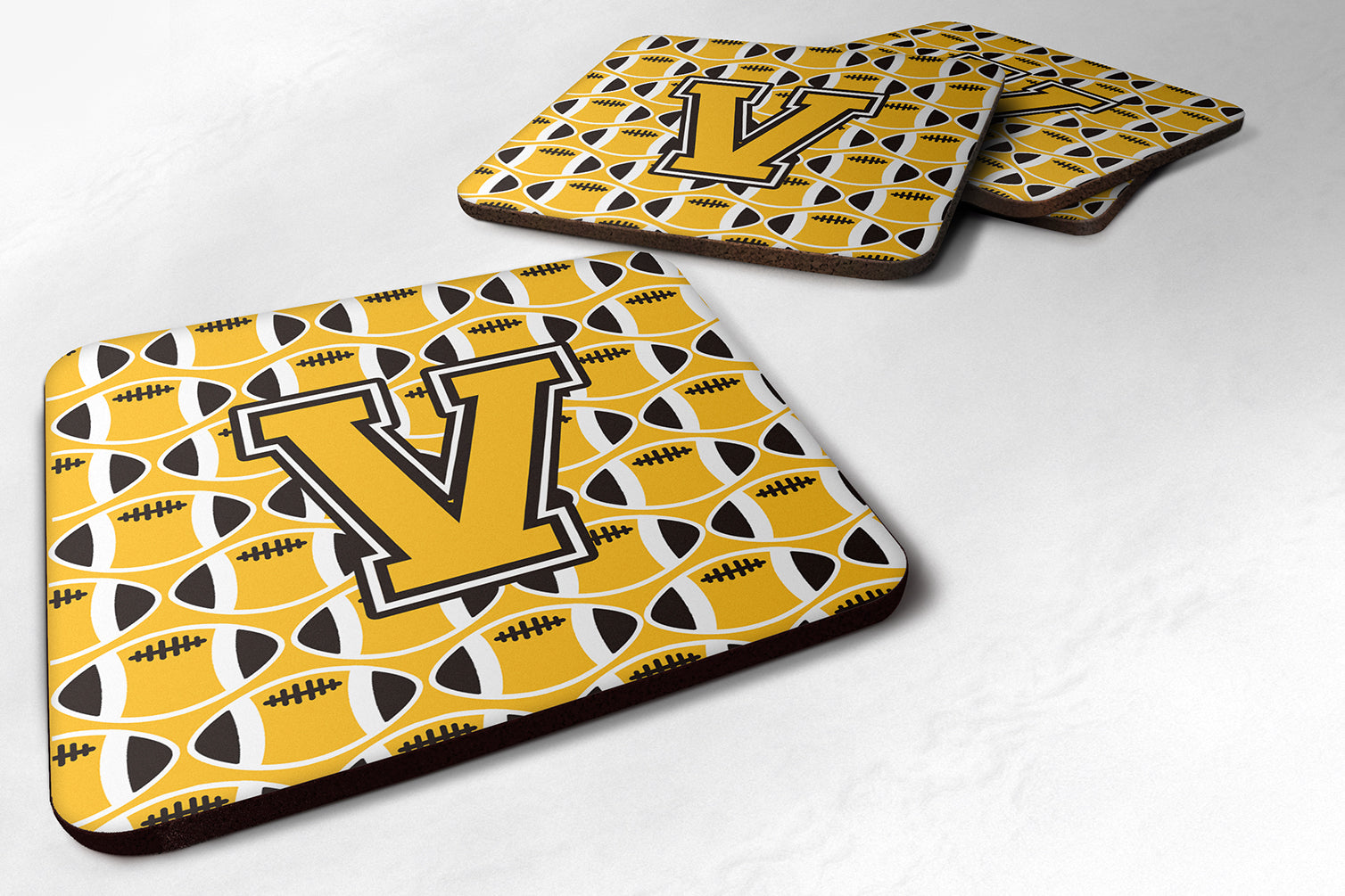 Letter V Football Black, Old Gold and White Foam Coaster Set of 4 CJ1080-VFC - the-store.com