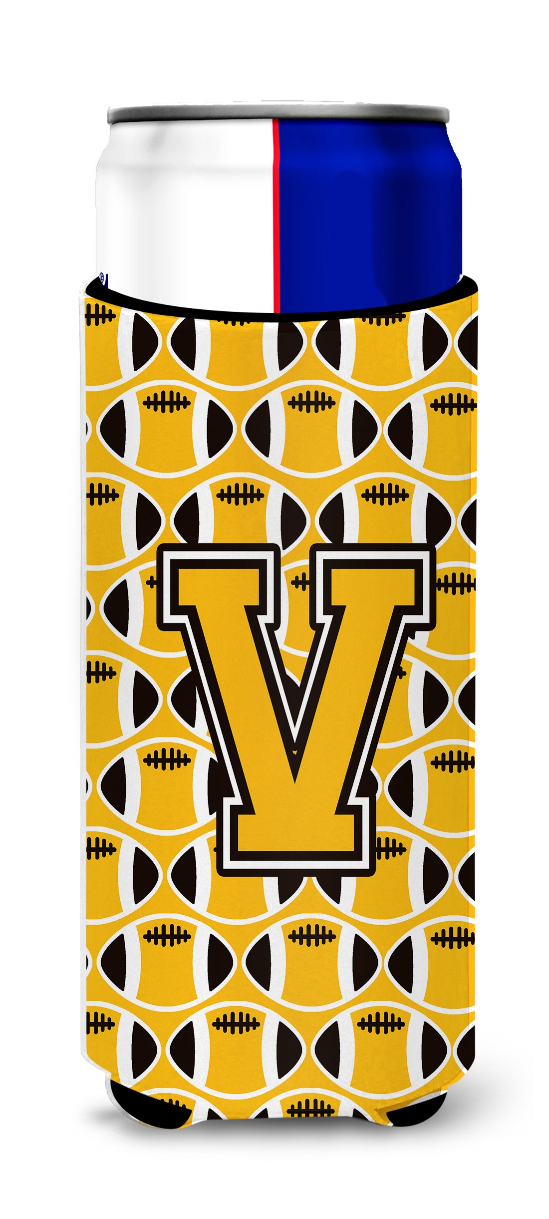 Letter V Football Black, Old Gold and White Ultra Beverage Insulators for slim cans CJ1080-VMUK.