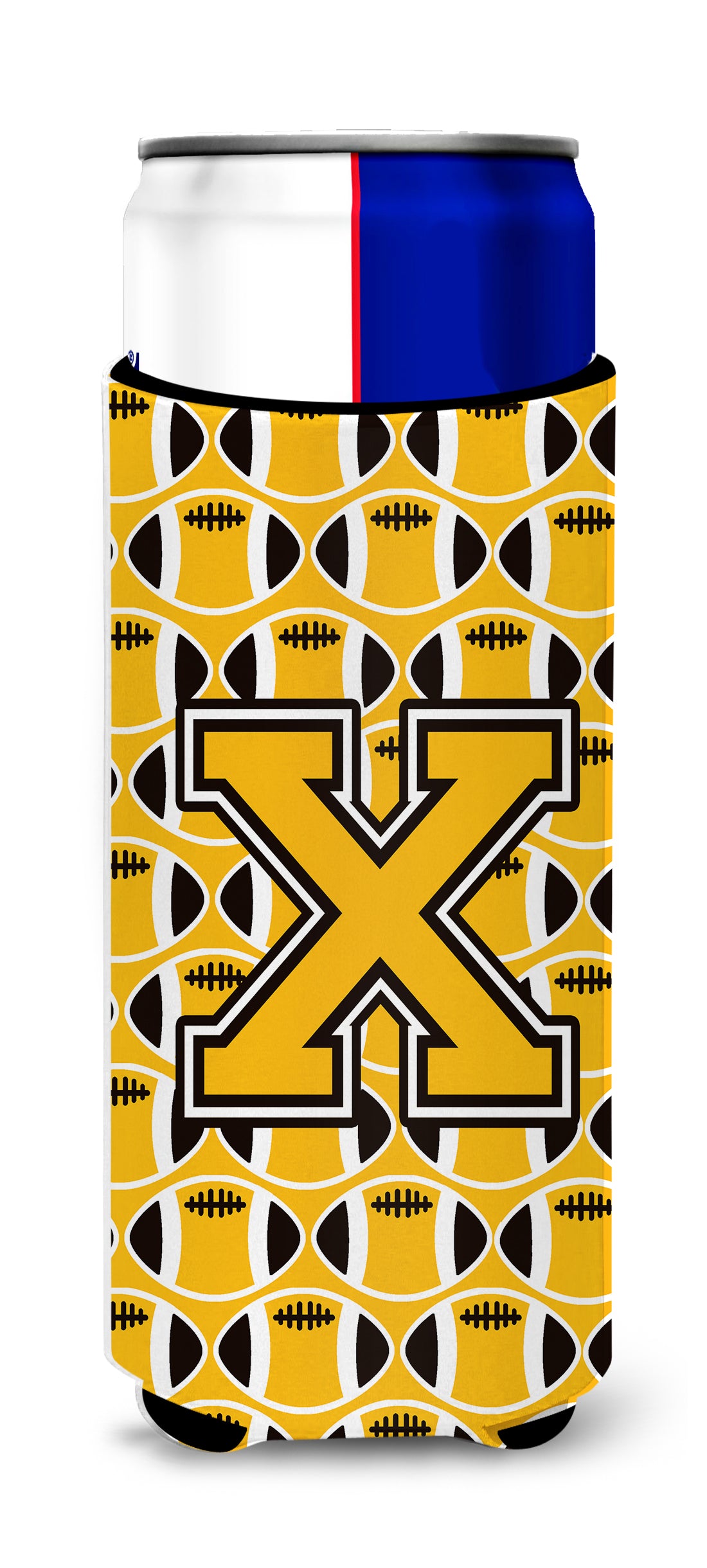 Letter X Football Black, Old Gold and White Ultra Beverage Insulators for slim cans CJ1080-XMUK.