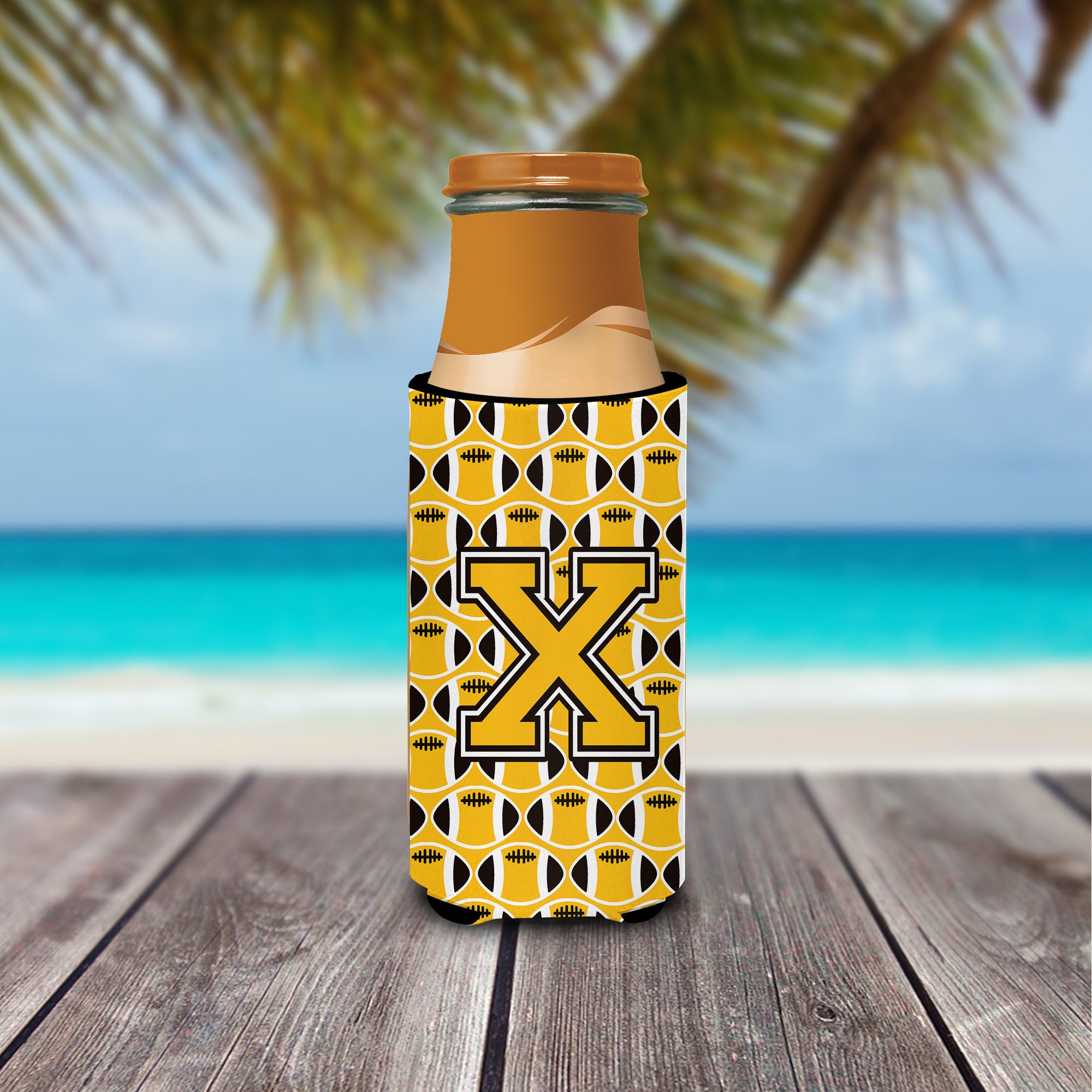 Letter X Football Black, Old Gold and White Ultra Beverage Insulators for slim cans CJ1080-XMUK.