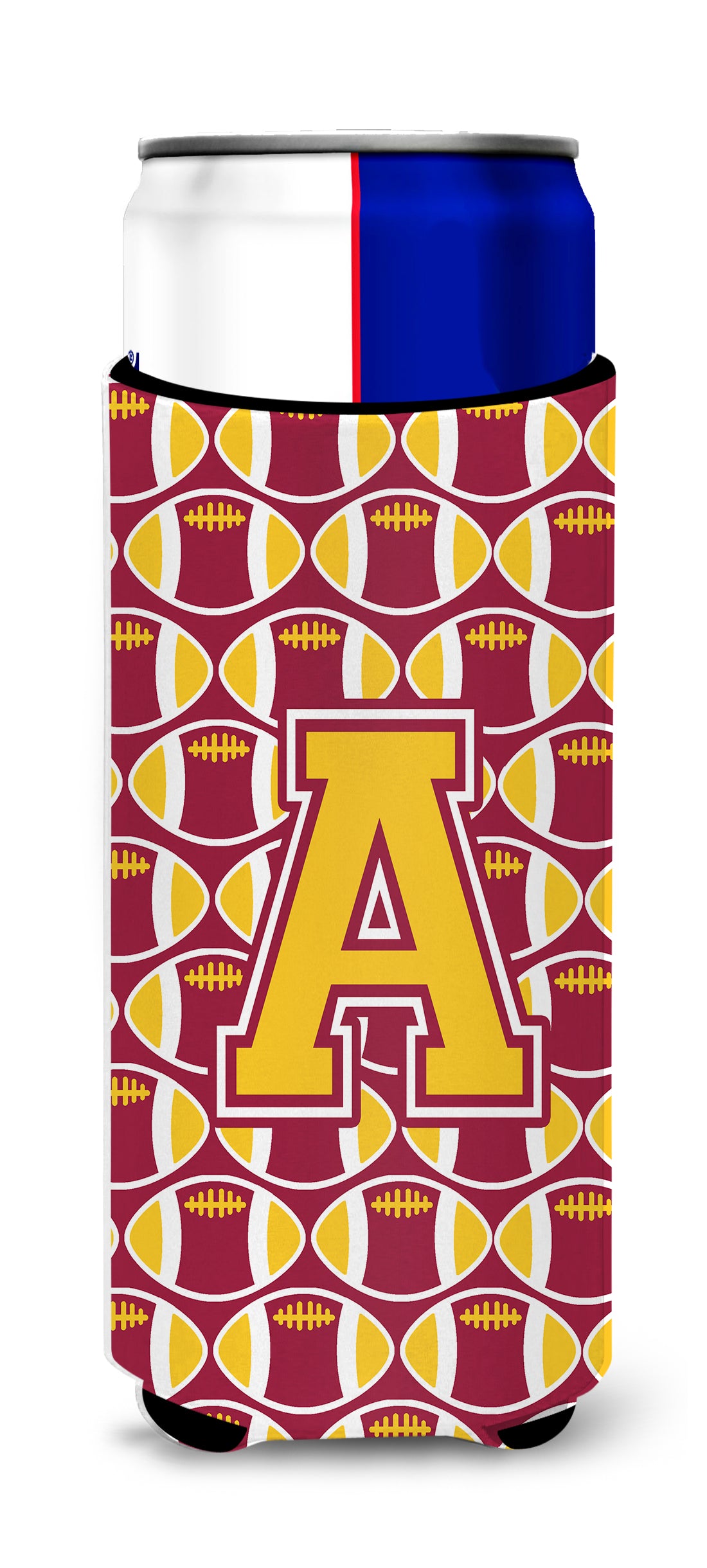 Letter A Football Maroon and Gold Ultra Beverage Insulators for slim cans CJ1081-AMUK.