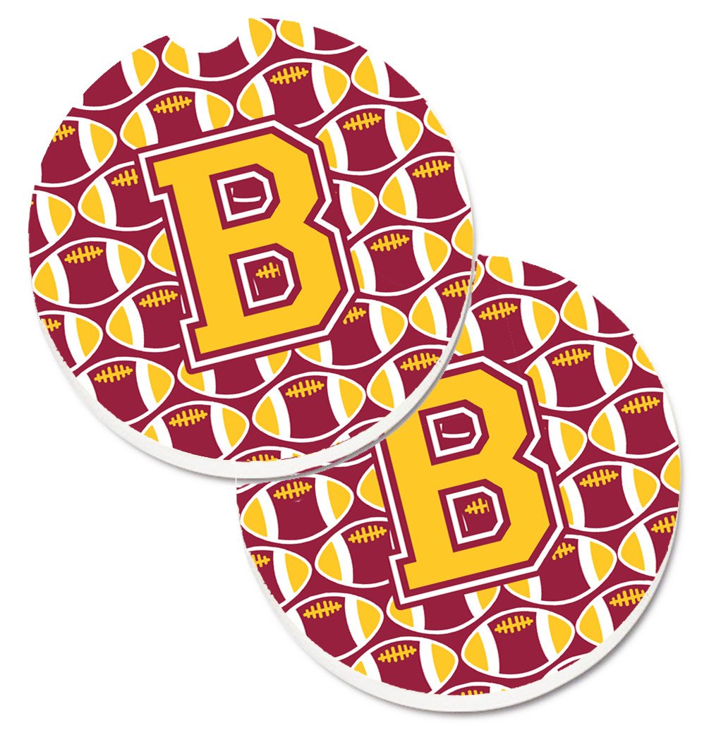 Letter B Football Maroon and Gold Set of 2 Cup Holder Car Coasters CJ1081-BCARC by Caroline&#39;s Treasures