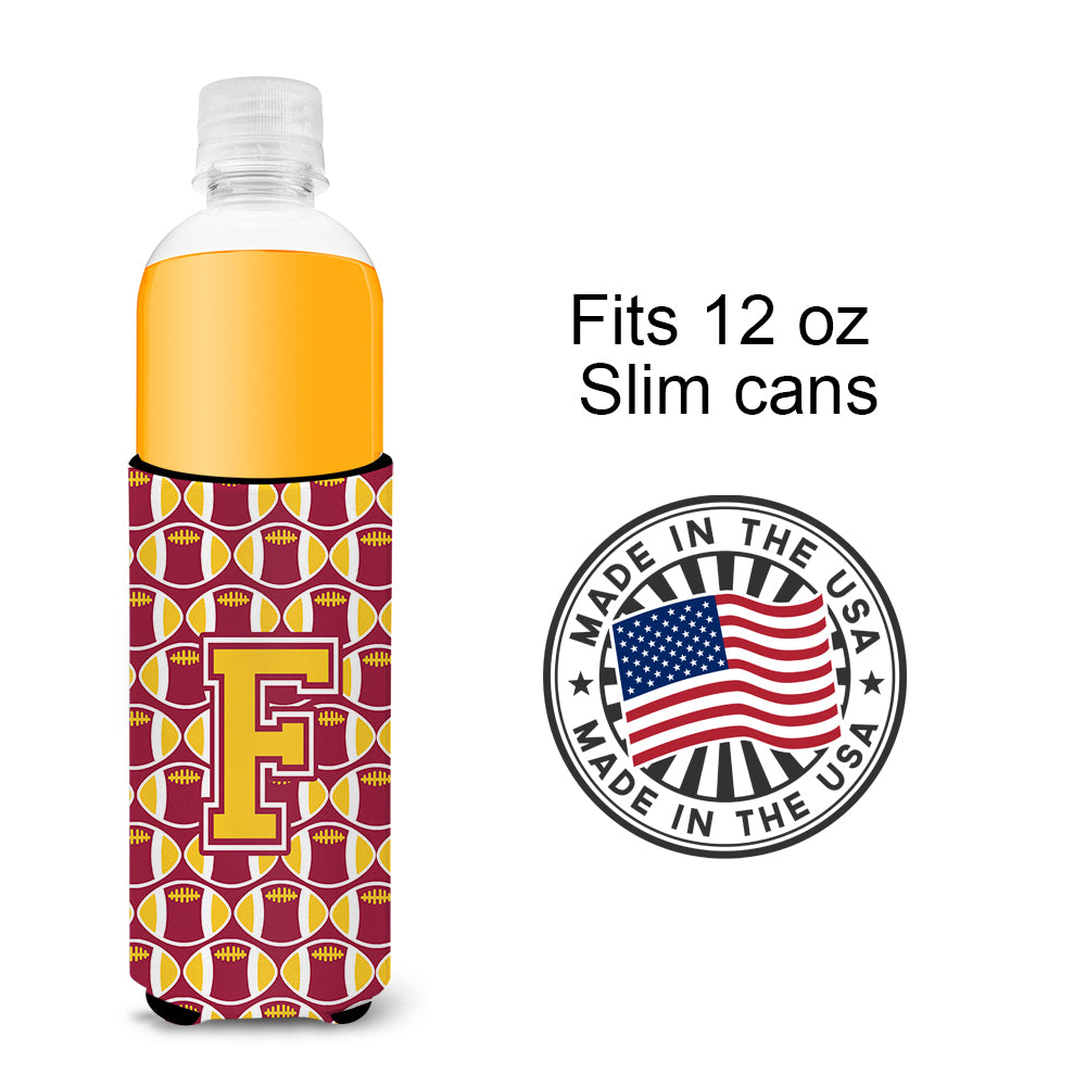 Letter F Football Maroon and Gold Ultra Beverage Insulators for slim cans CJ1081-FMUK.