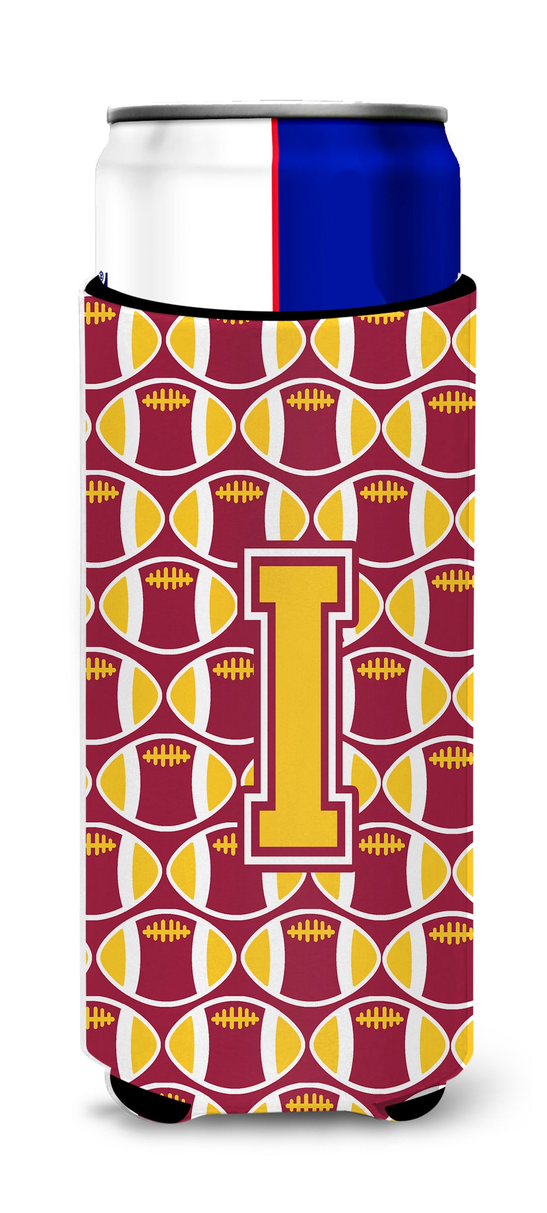 Letter I Football Maroon and Gold Ultra Beverage Insulators for slim cans CJ1081-IMUK.