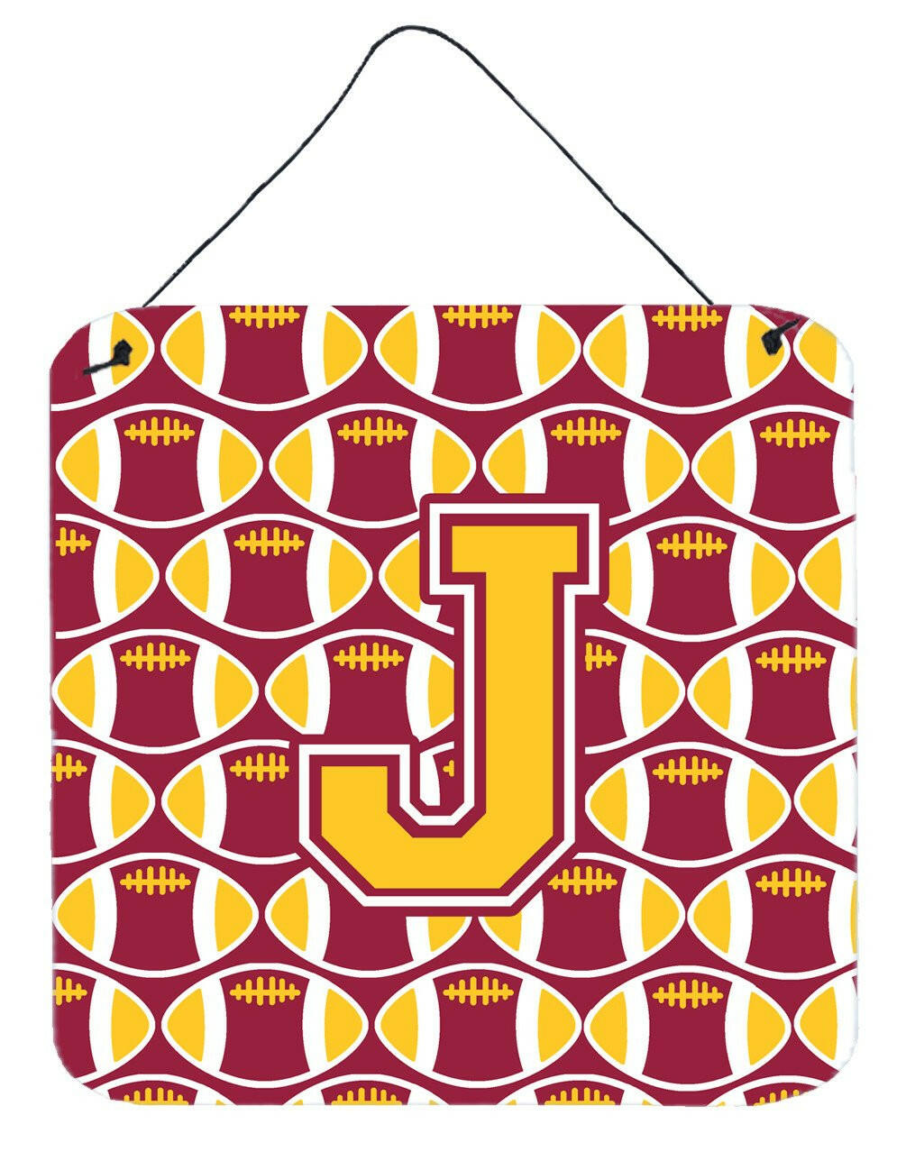 Letter J Football Maroon and Gold Wall or Door Hanging Prints CJ1081-JDS66 by Caroline&#39;s Treasures