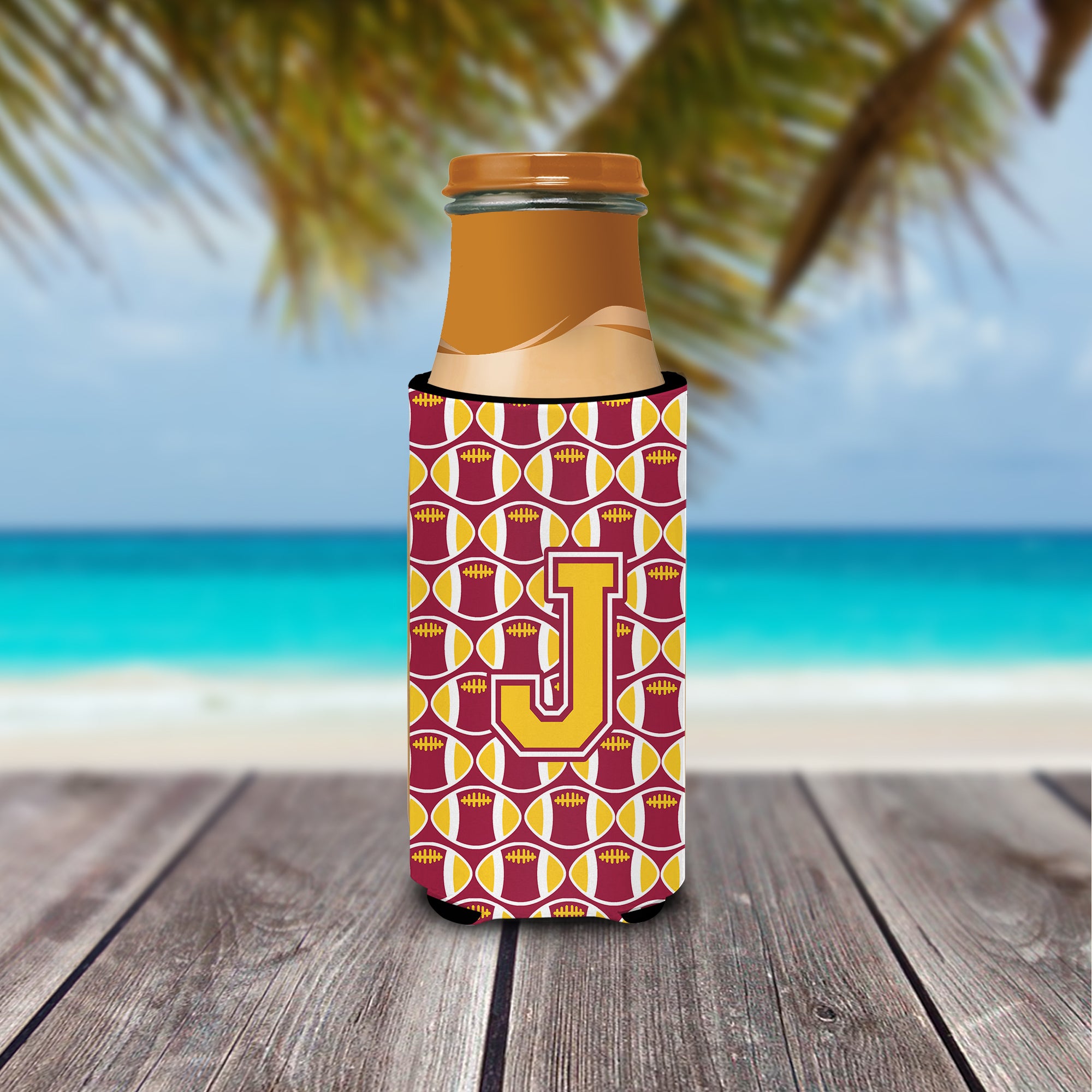 Letter J Football Maroon and Gold Ultra Beverage Insulators for slim cans CJ1081-JMUK.